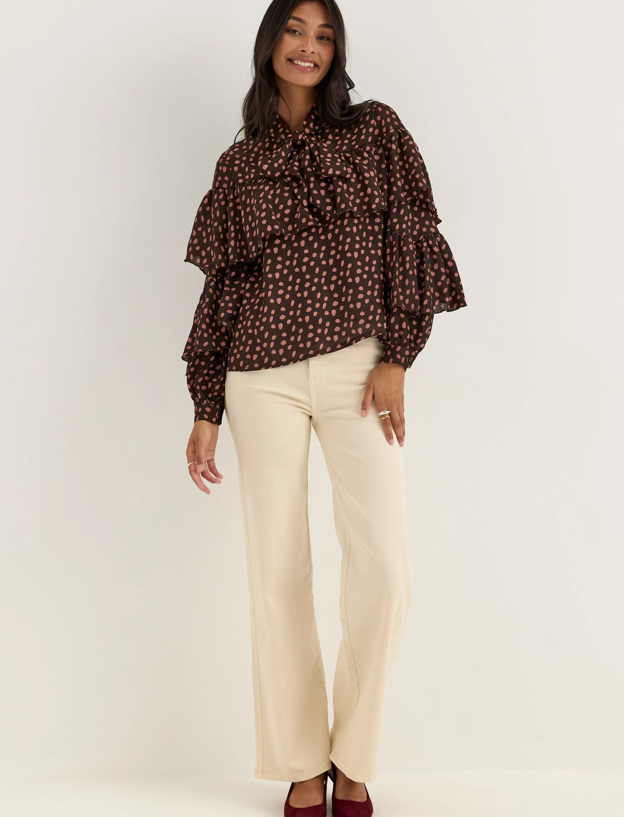 Bubbleroom - Flounce Tie Blouse - dark brown/patterned - 4