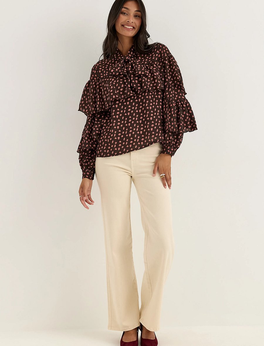 Bubbleroom - Flounce Tie Blouse - pikkade varrukatega pluusid - dark brown/patterned - 4