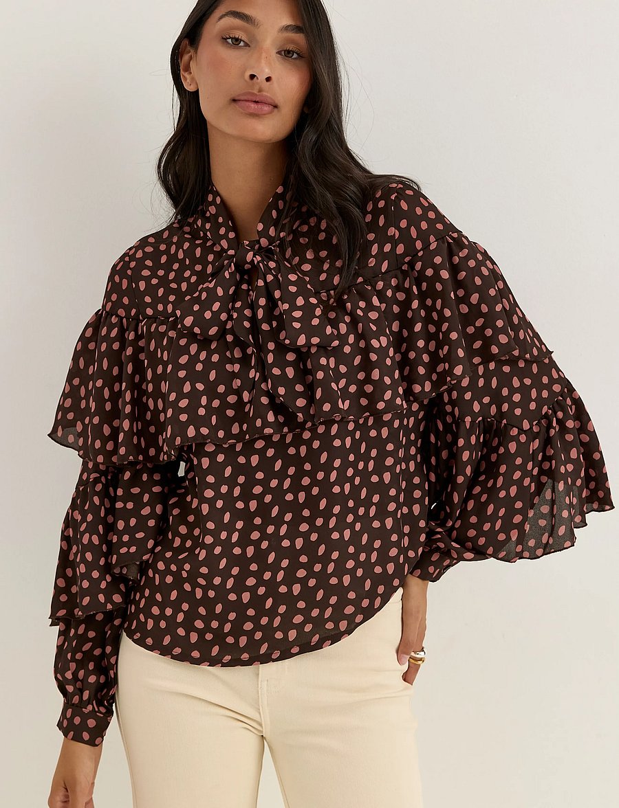 Bubbleroom - Flounce Tie Blouse - pikkade varrukatega pluusid - dark brown/patterned - 5
