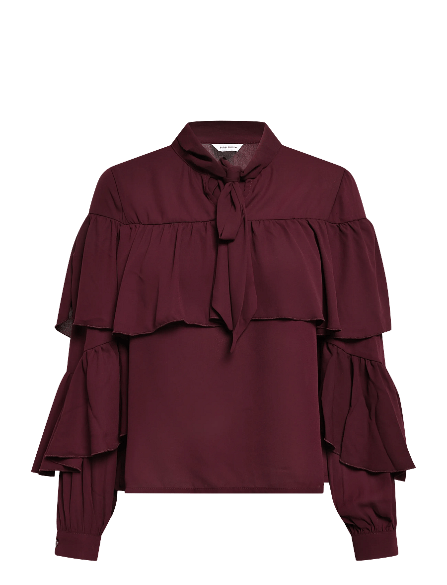 Bubbleroom - Flounce Tie Blouse - langärmelige blusen - dark wine-red - 1