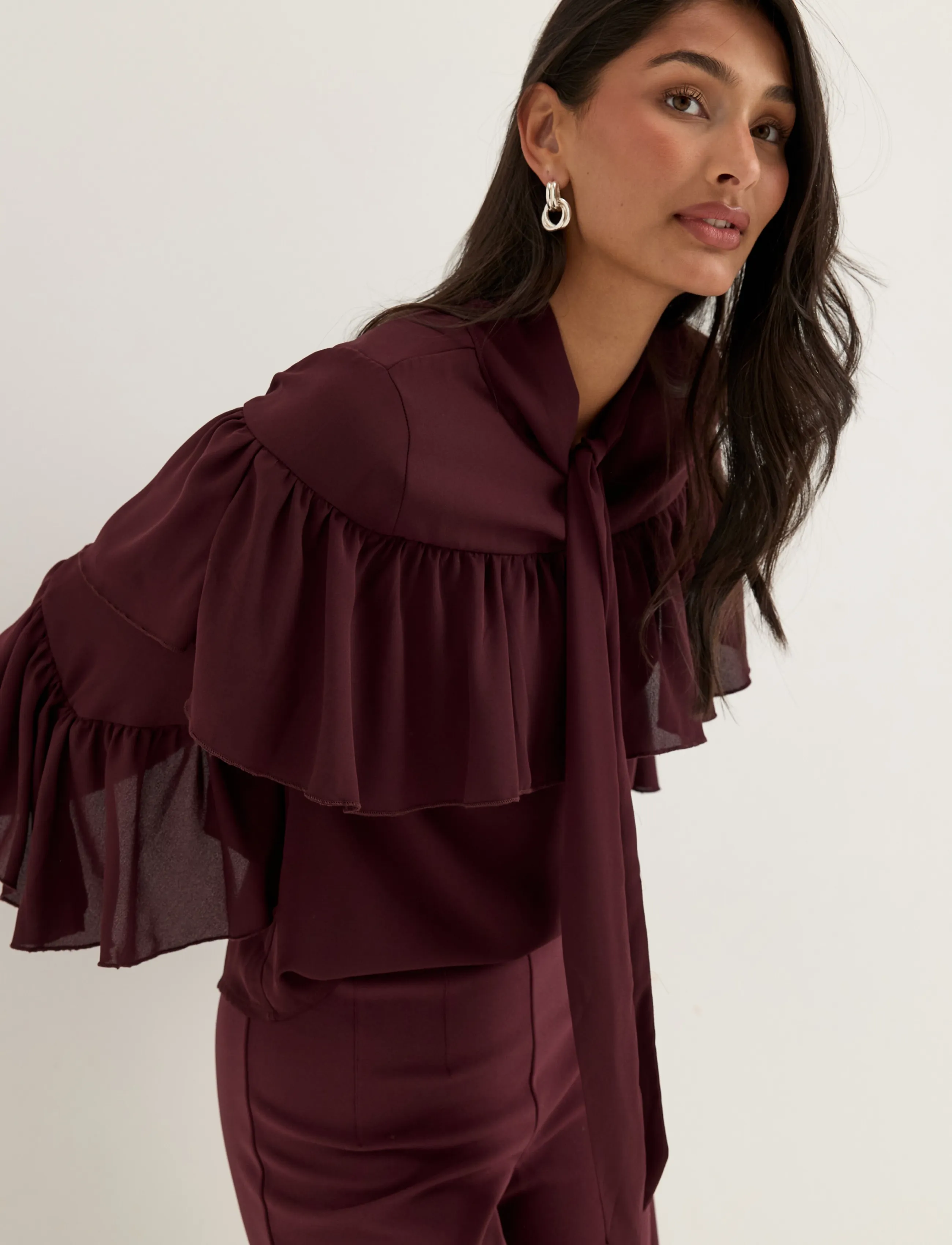 Bubbleroom Flounce Tie Blouse - Bubbleroom - DARK WINE-RED / burgundy