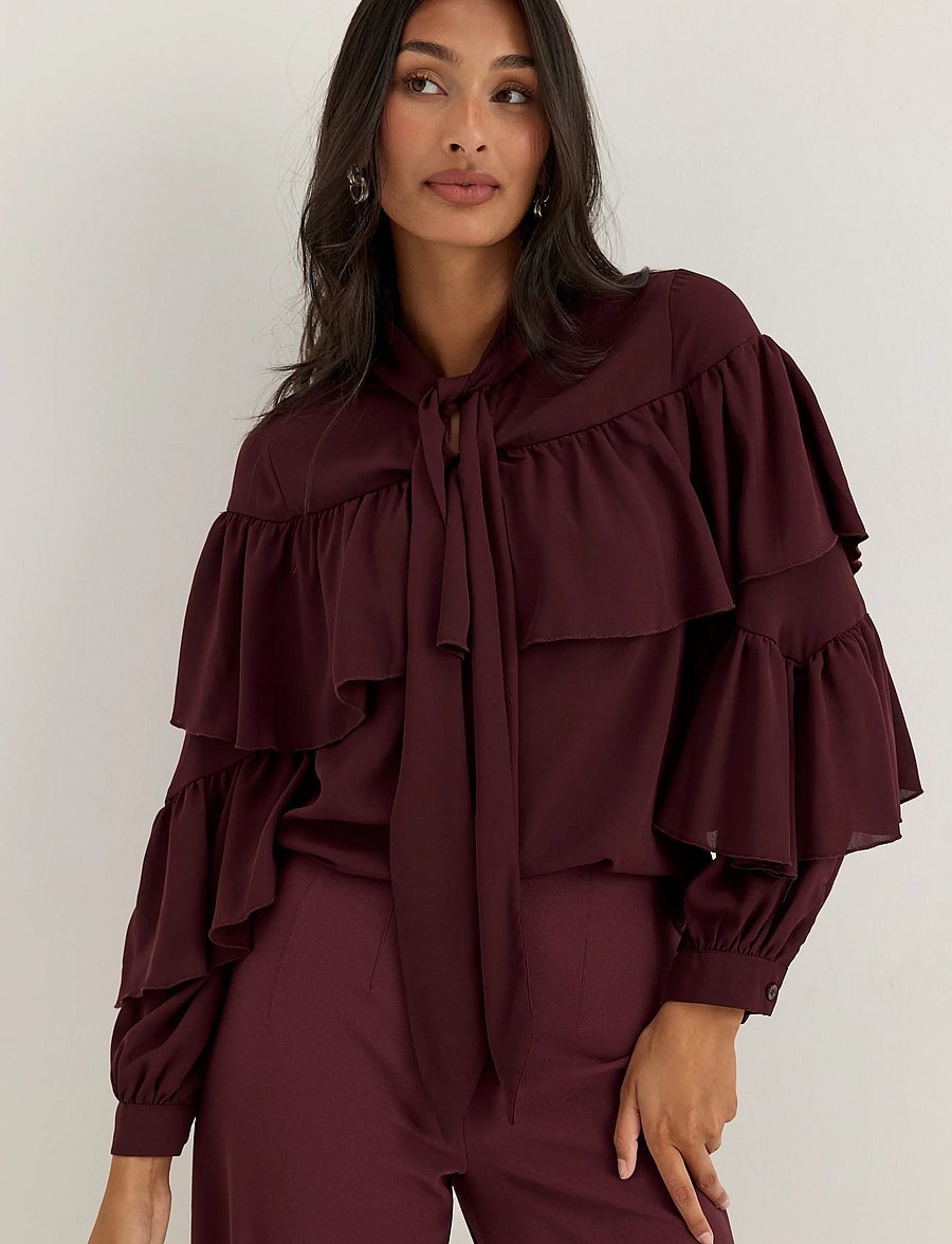 Bubbleroom - Flounce Tie Blouse - langärmelige blusen - dark wine-red - 3