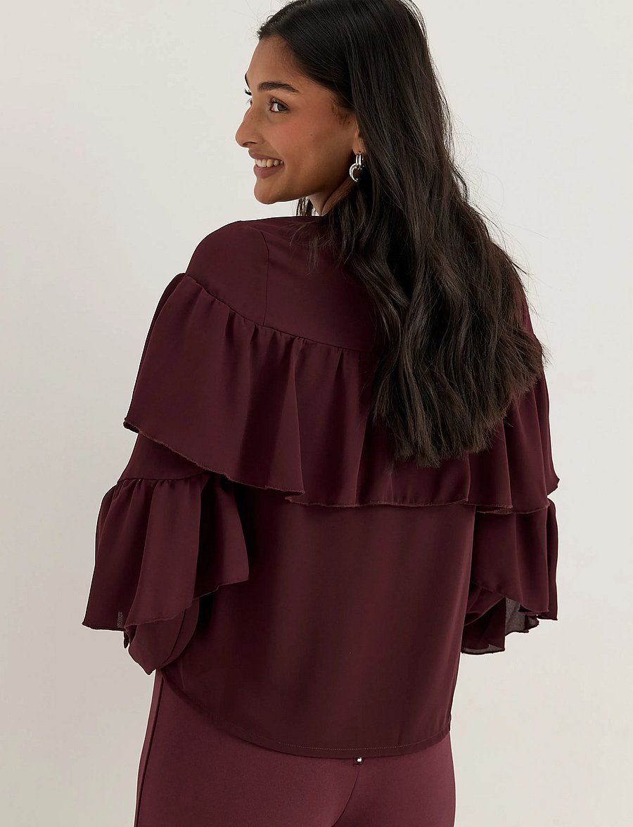 Bubbleroom - Flounce Tie Blouse - langärmelige blusen - dark wine-red - 4