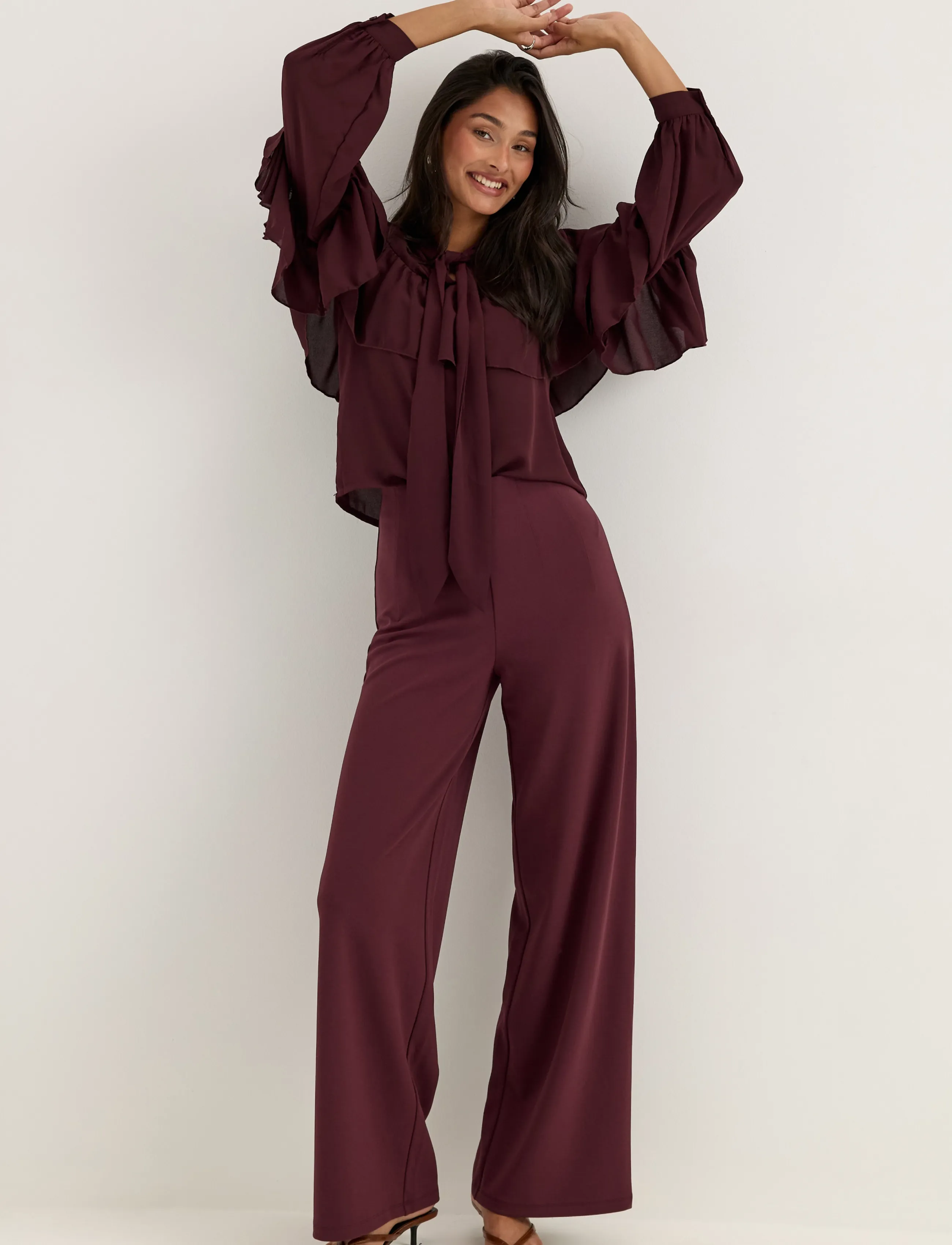 Bubbleroom - Flounce Tie Blouse - langärmelige blusen - dark wine-red - 5