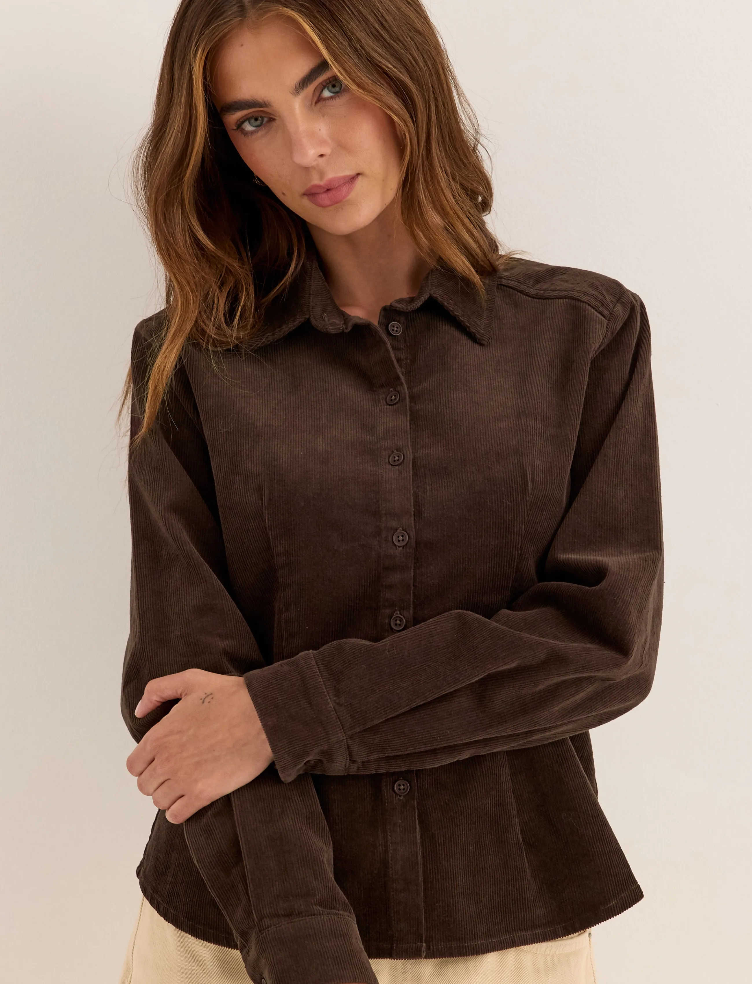Bubbleroom - Corduroy Shaped Shirt - dark brown - 0