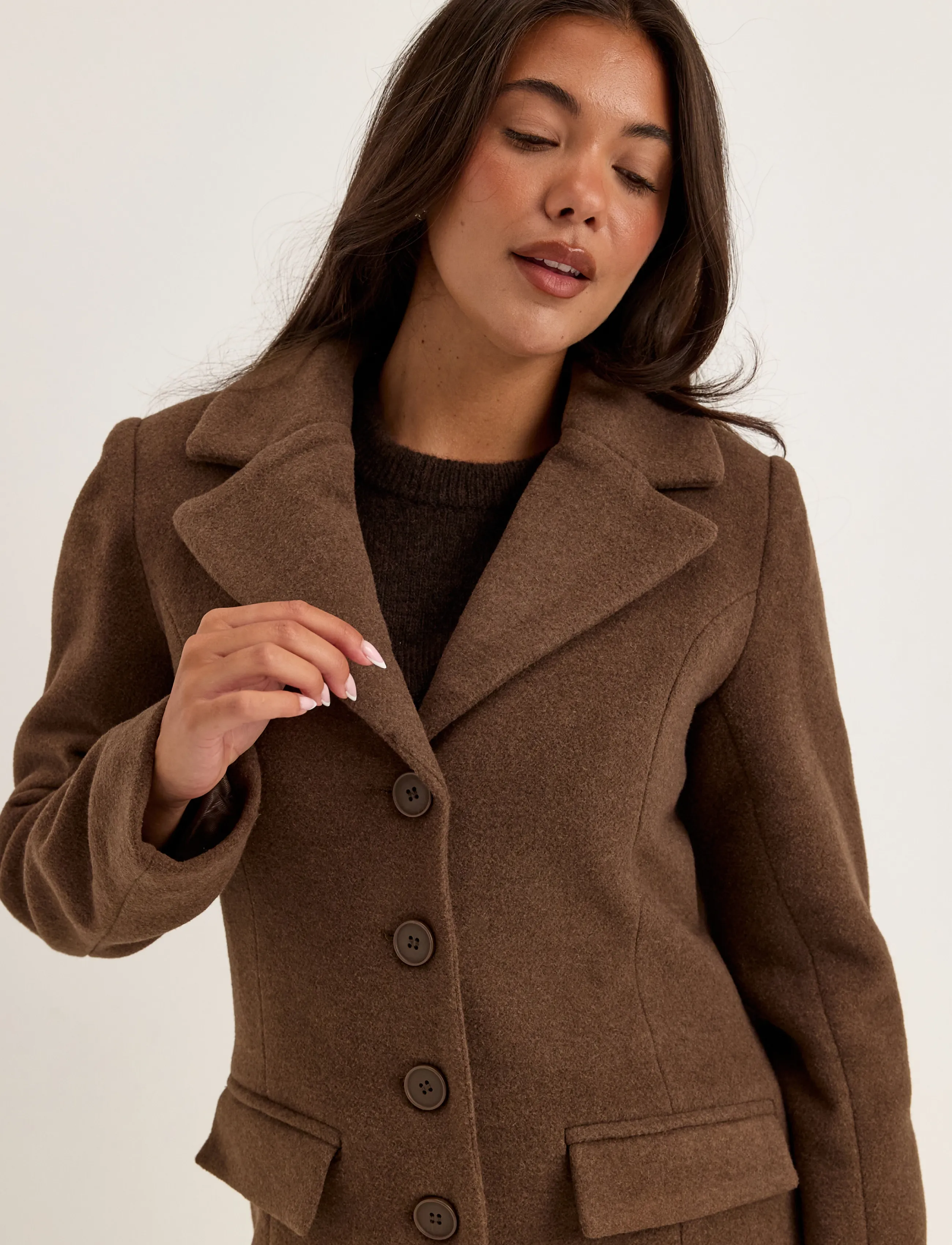 Bubbleroom - Shaped Wool Blend Coat - talvejoped - brown melange - 5
