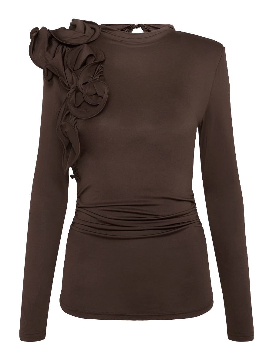 Bubbleroom - Flounce long Sleeve Top - langärmlige tops - dark brown - 1