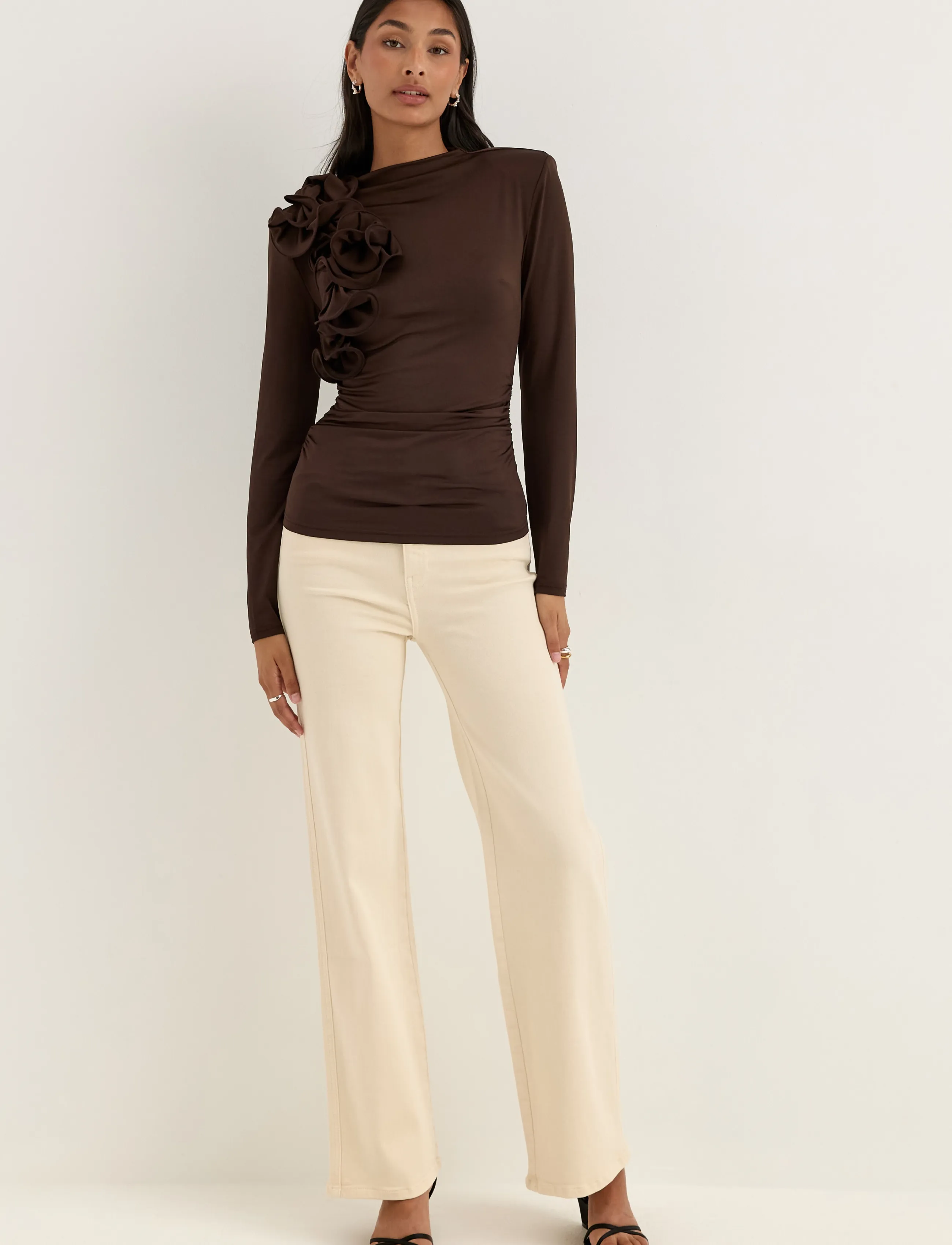 Bubbleroom Flounce long Sleeve Top - T-shirts & Tops - DARK BROWN / brown
