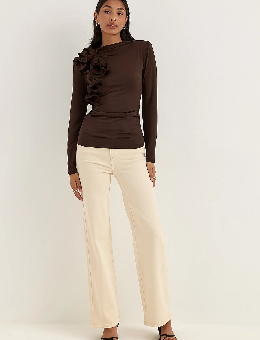 Bubbleroom - Flounce long Sleeve Top - langärmlige tops - dark brown - 0