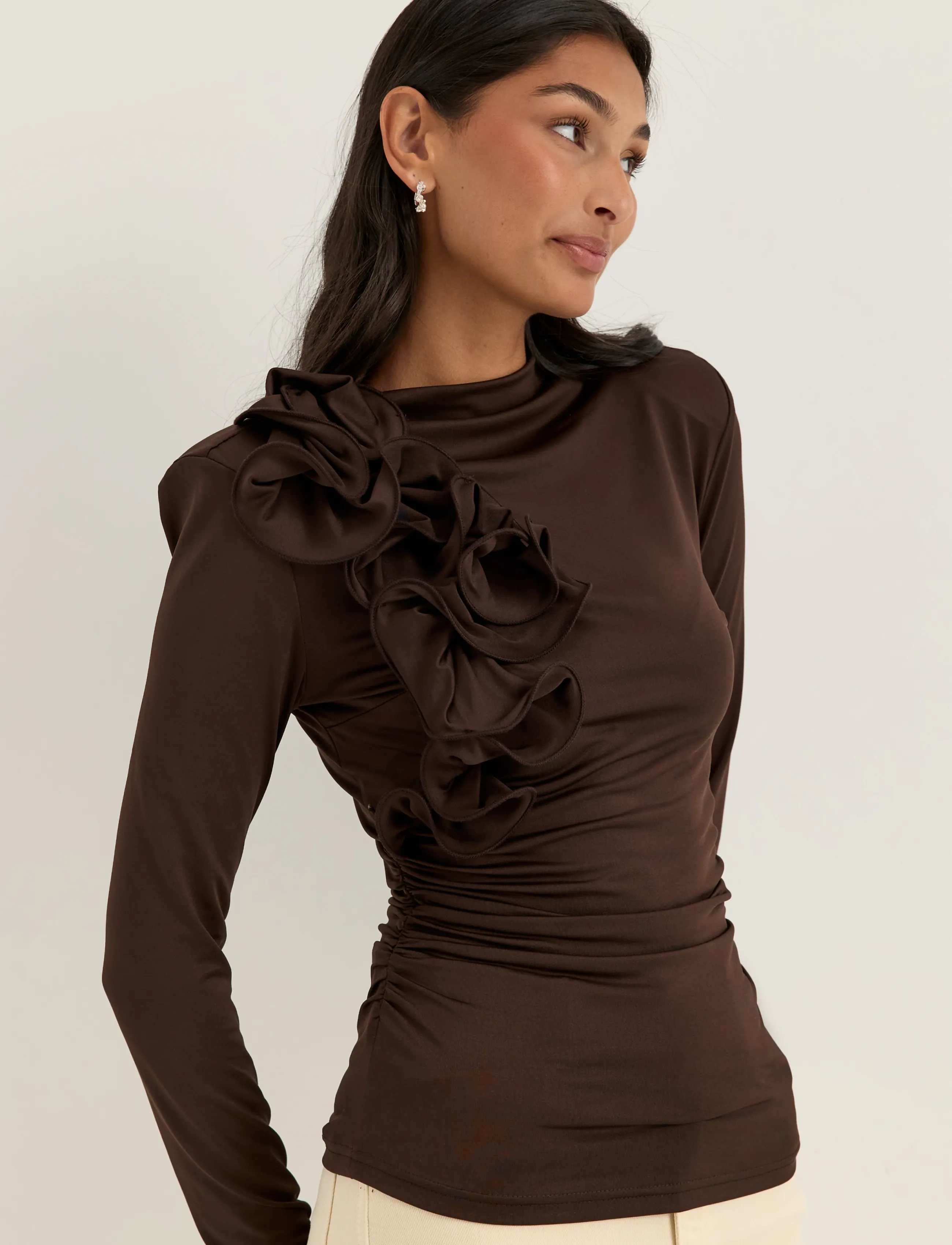 Bubbleroom - Flounce long Sleeve Top - long-sleeved tops - dark brown - 3