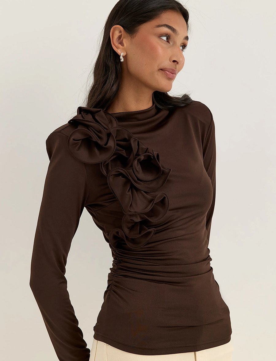 Bubbleroom - Flounce long Sleeve Top - langärmlige tops - dark brown - 3