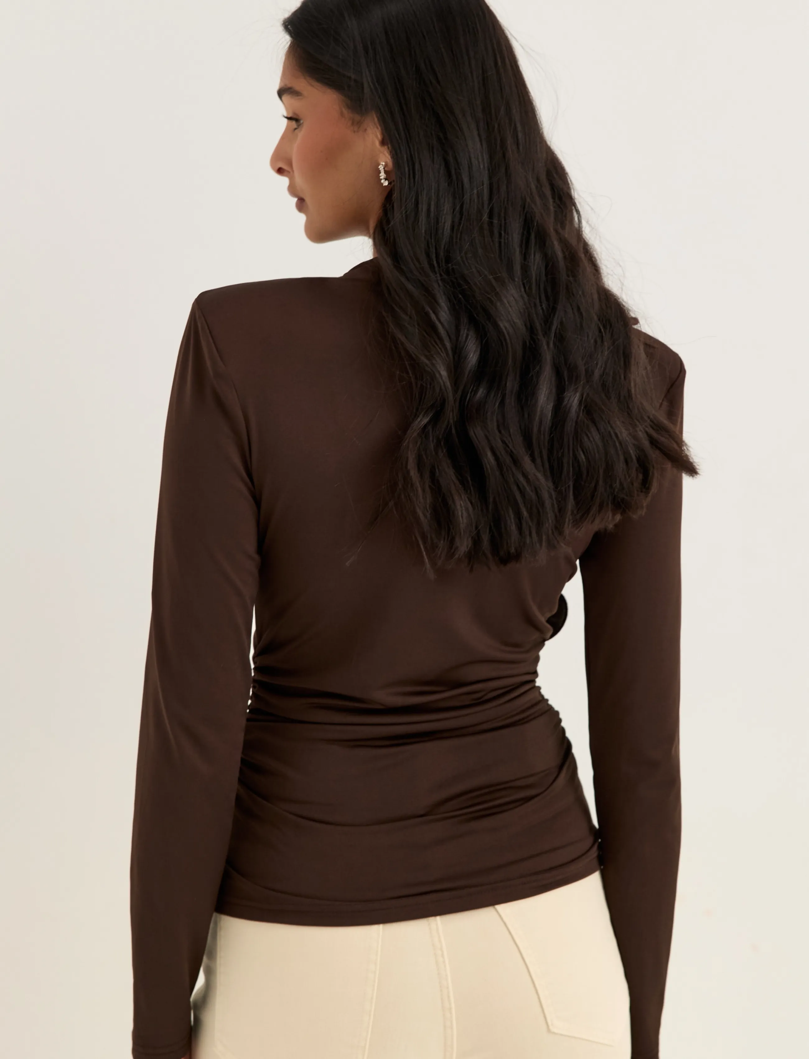 Bubbleroom - Flounce long Sleeve Top - long-sleeved tops - dark brown - 4