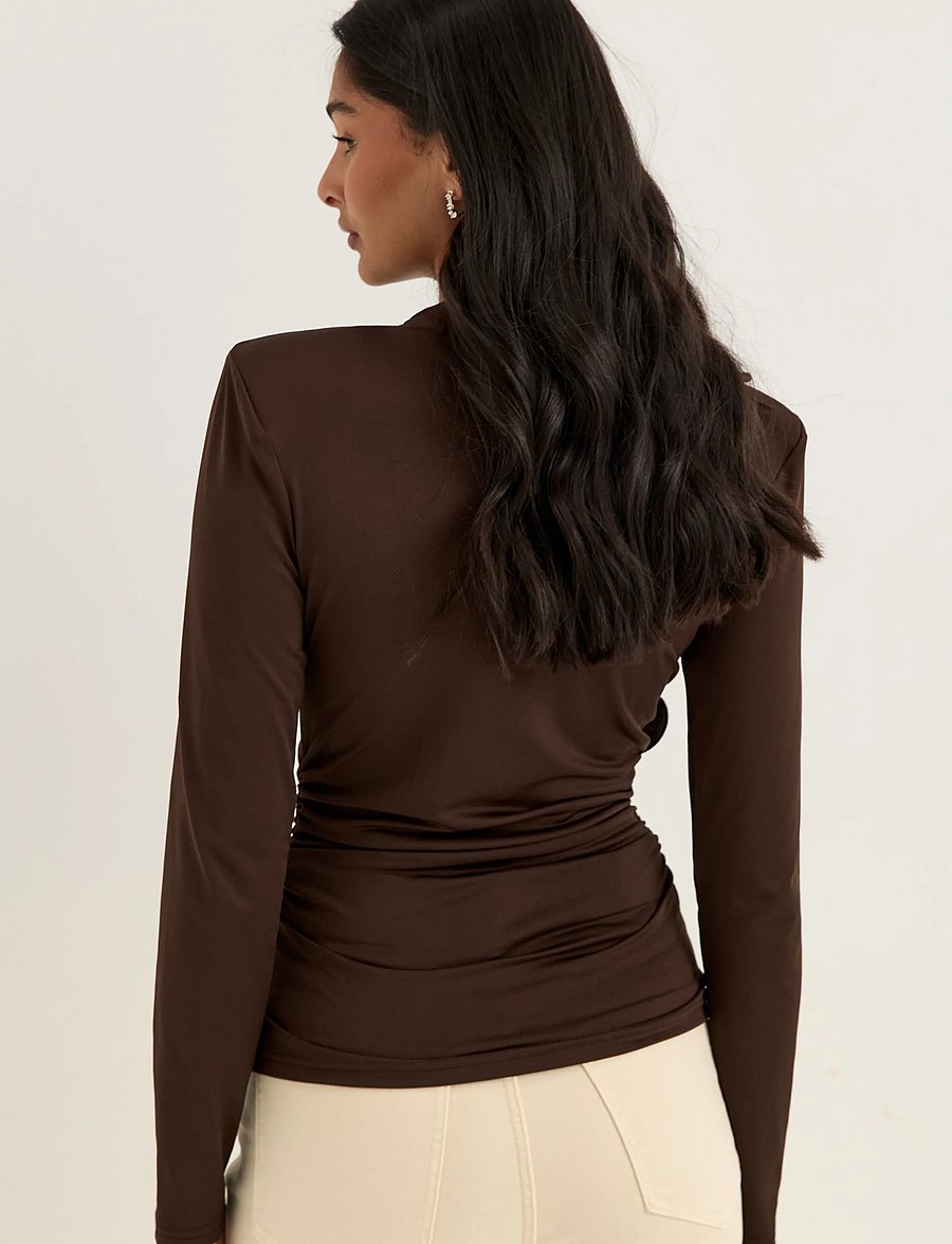 Bubbleroom - Flounce long Sleeve Top - langärmlige tops - dark brown - 4