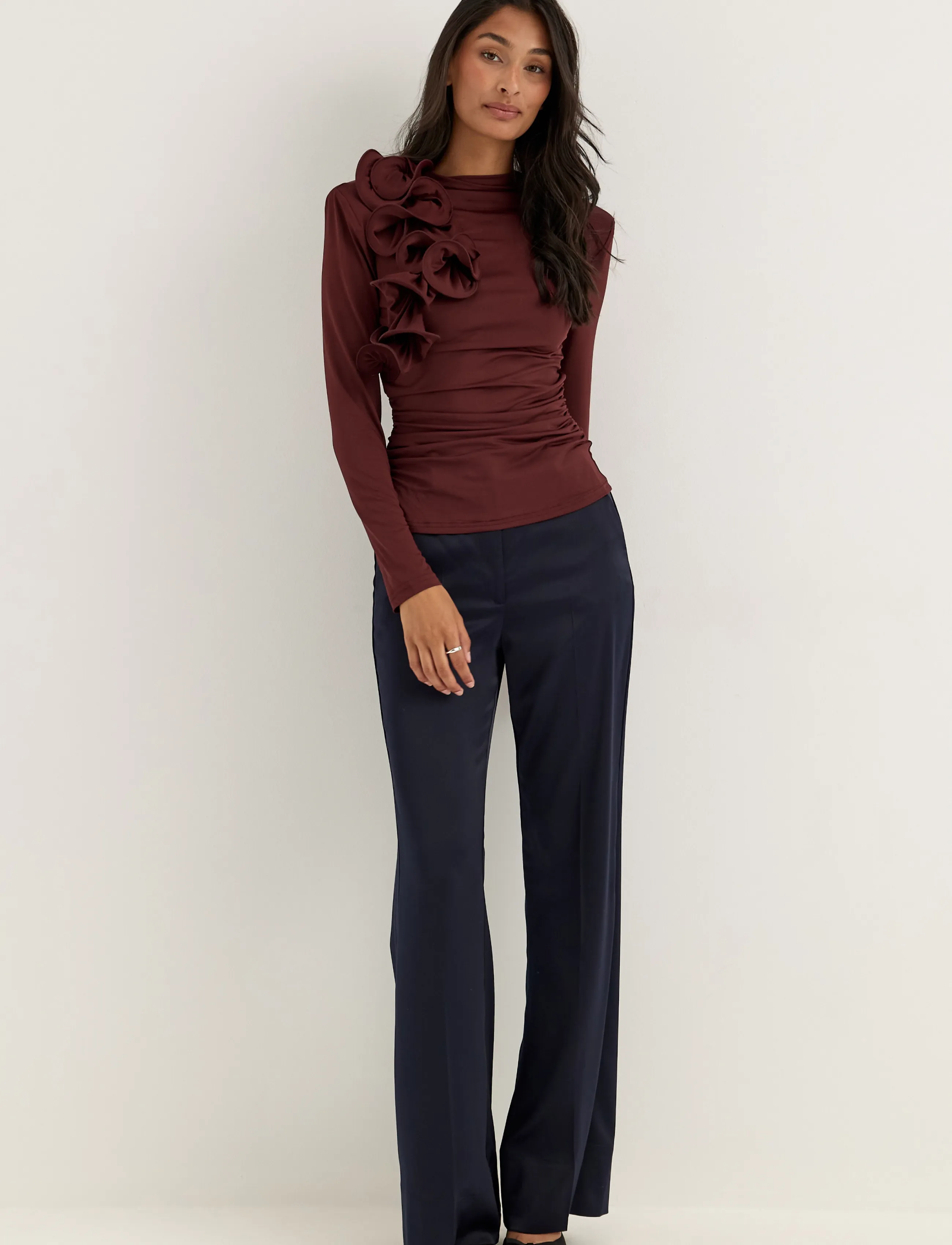 Bubbleroom - Flounce long Sleeve Top - wine-red - 0