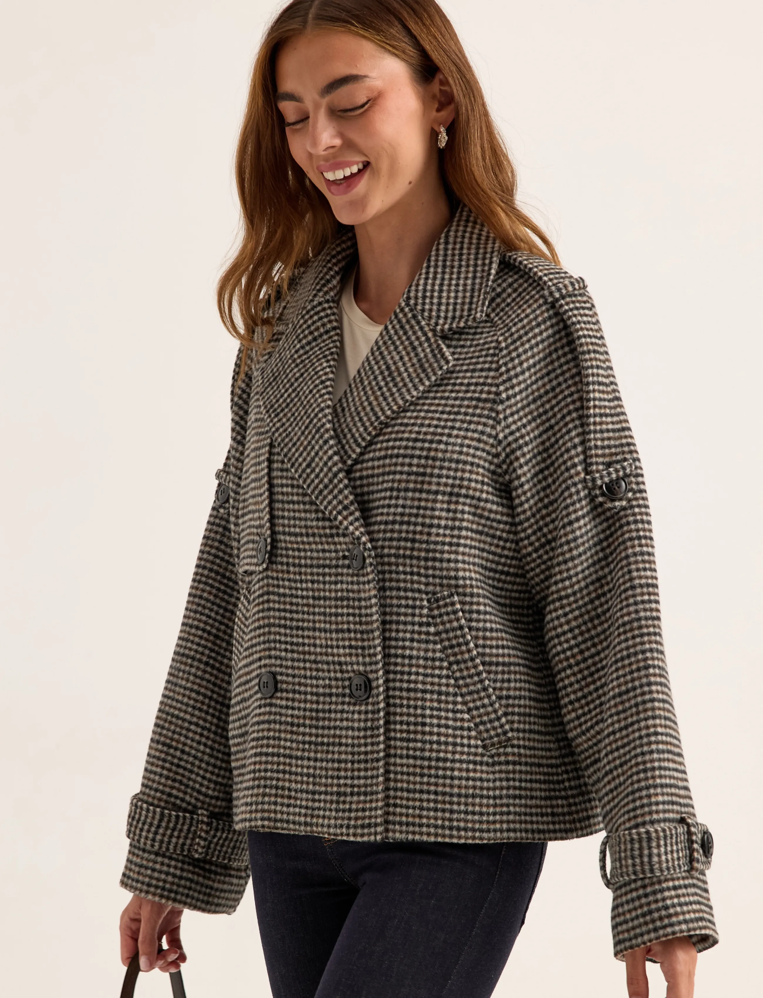 Bubbleroom Wool Blend Short Coat - Mode trends - BROWN/CHECKED / brown