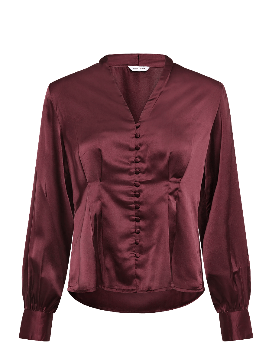 Bubbleroom - Pleated Satin Blouse - langærmede bluser - dark wine-red - 1