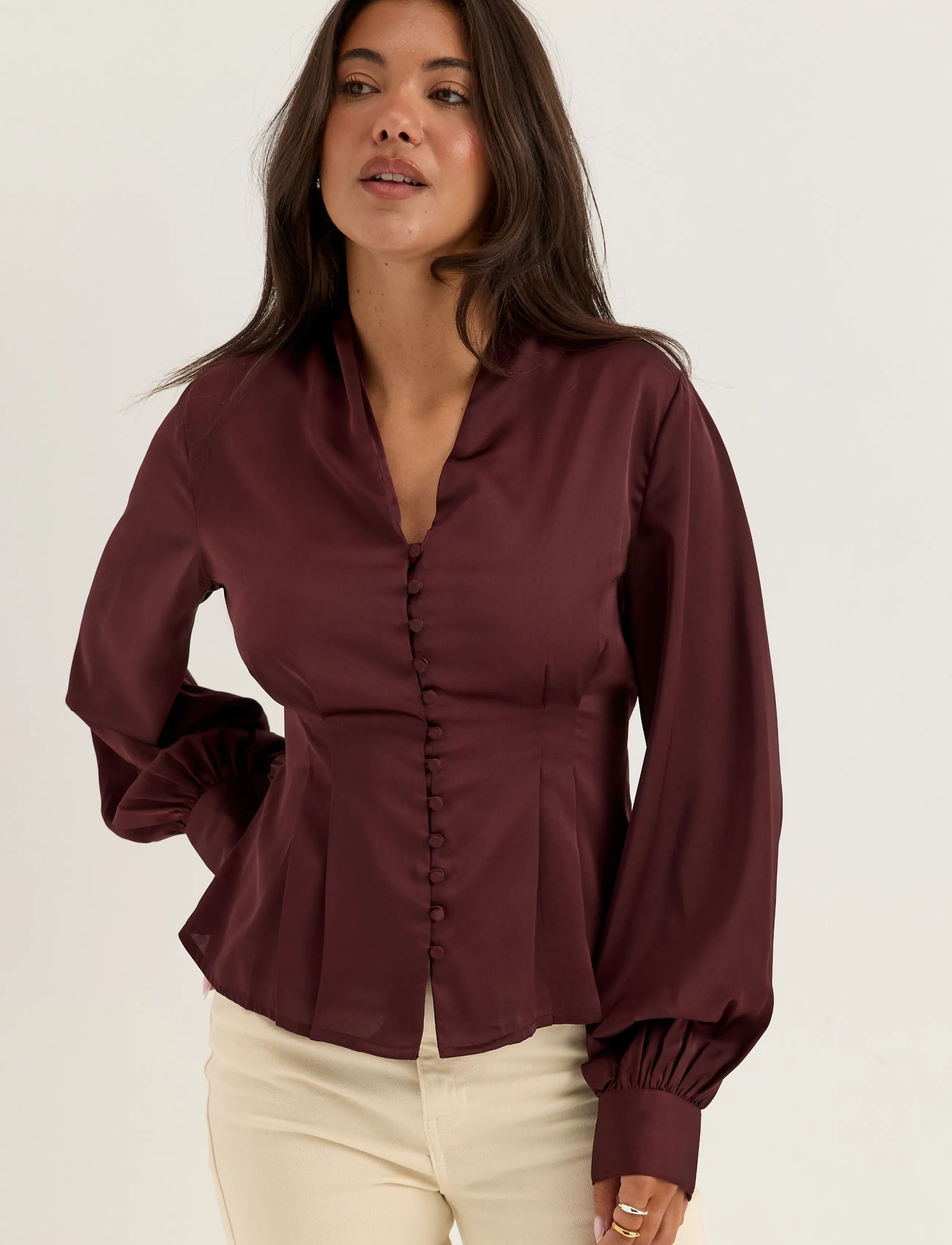 Bubbleroom - Pleated Satin Blouse - langærmede bluser - dark wine-red - 0