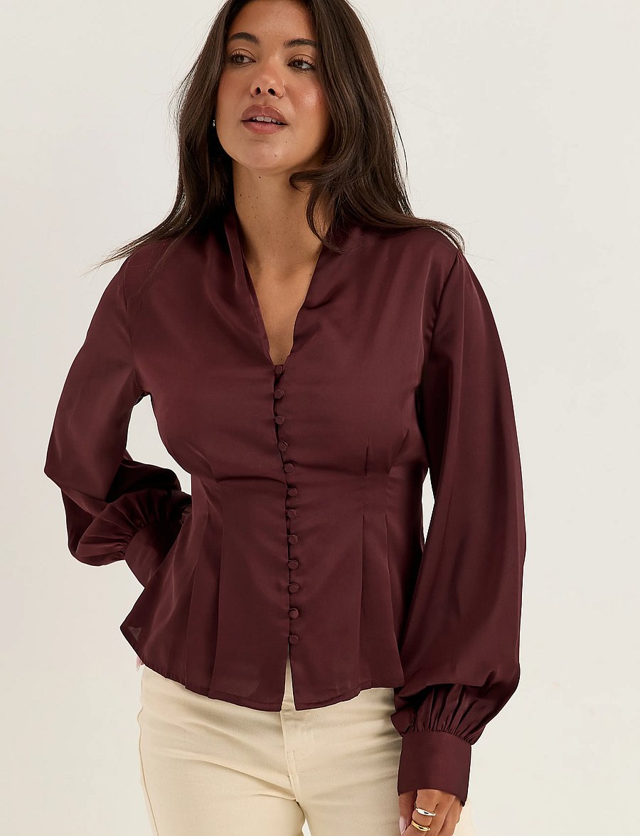 Bubbleroom - Pleated Satin Blouse - langærmede bluser - dark wine-red - 0