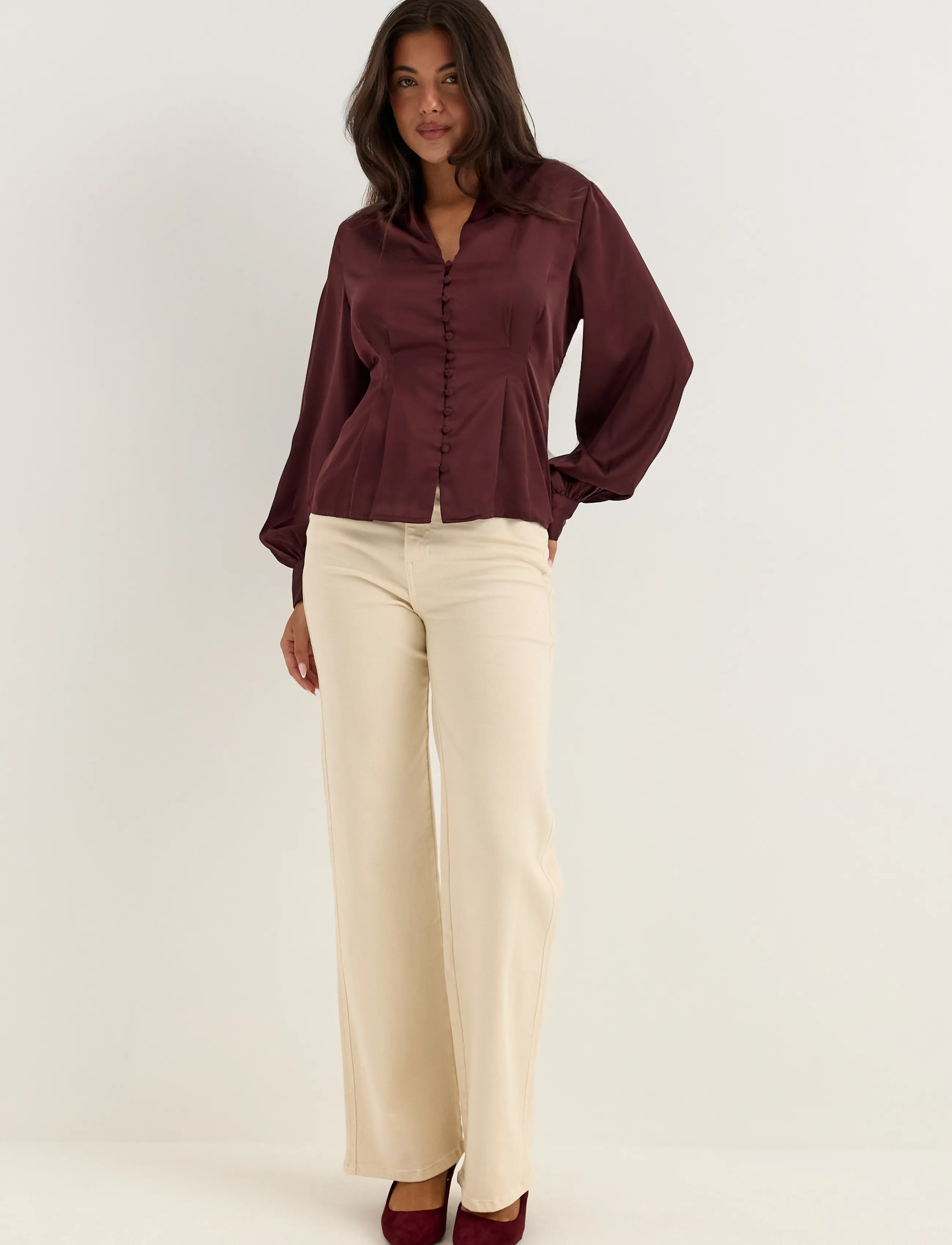 Bubbleroom - Pleated Satin Blouse - langærmede bluser - dark wine-red - 4