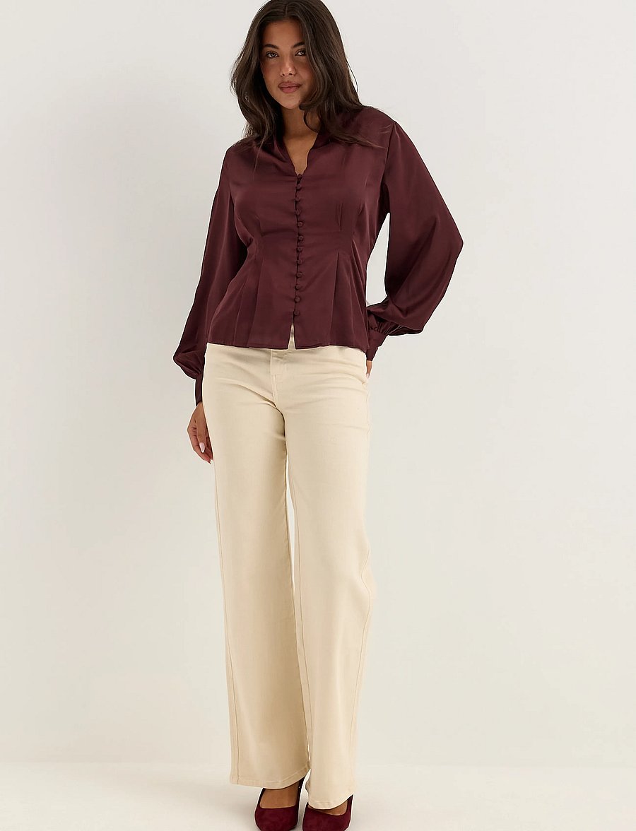 Bubbleroom - Pleated Satin Blouse - langærmede bluser - dark wine-red - 4