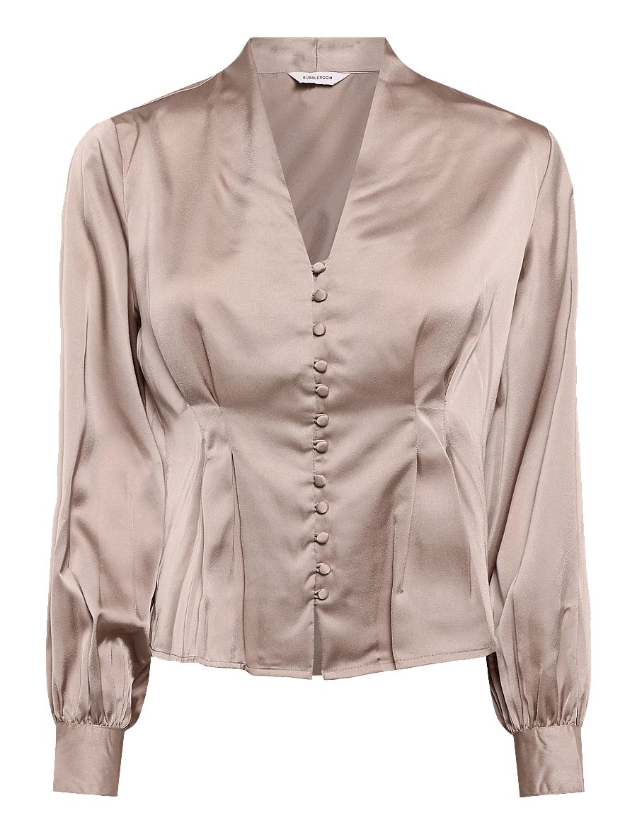 Bubbleroom - Pleated Satin Blouse - langärmelige blusen - light nougat - 1