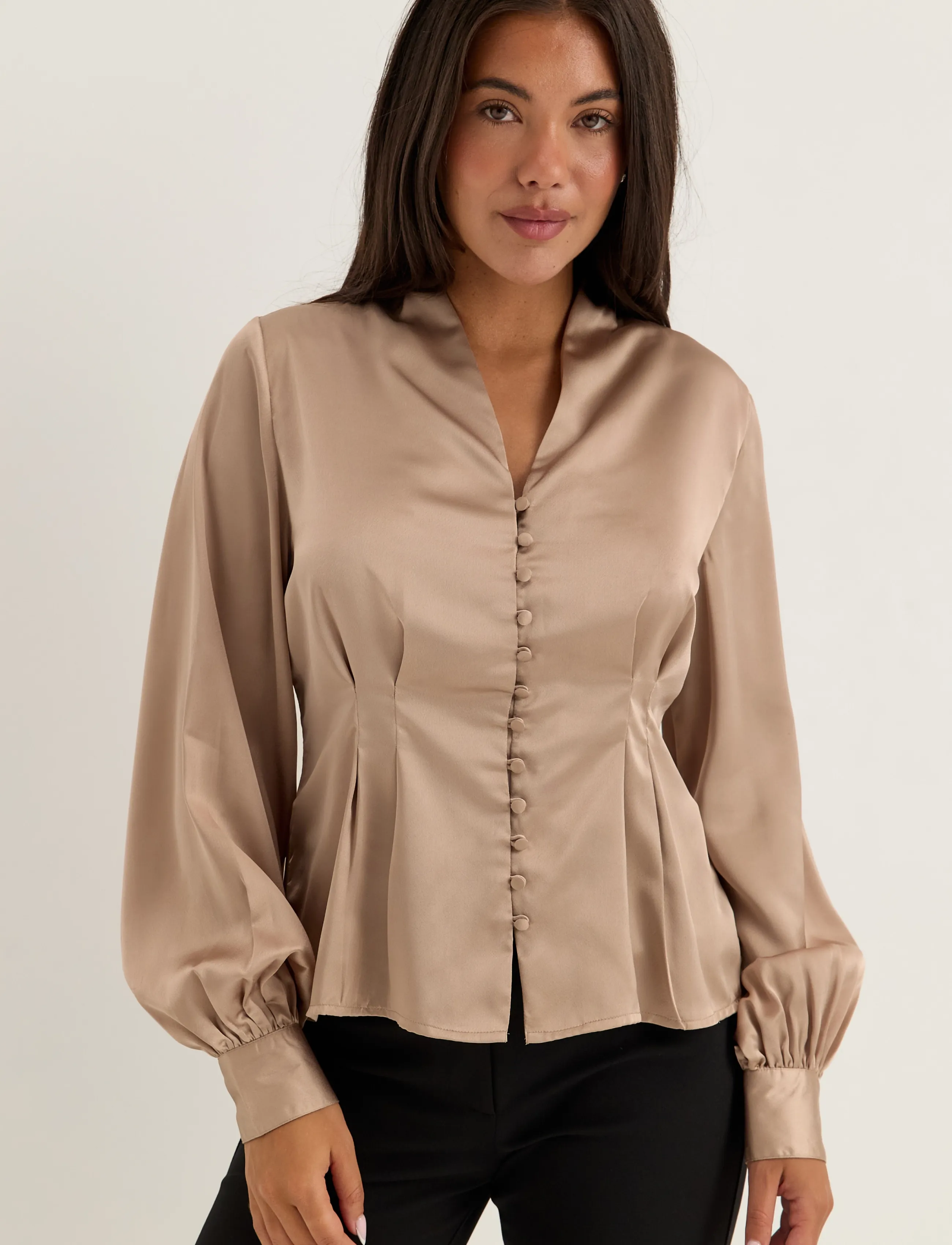 Bubbleroom Pleated Satin Blouse - Bubbleroom - LIGHT NOUGAT / beige