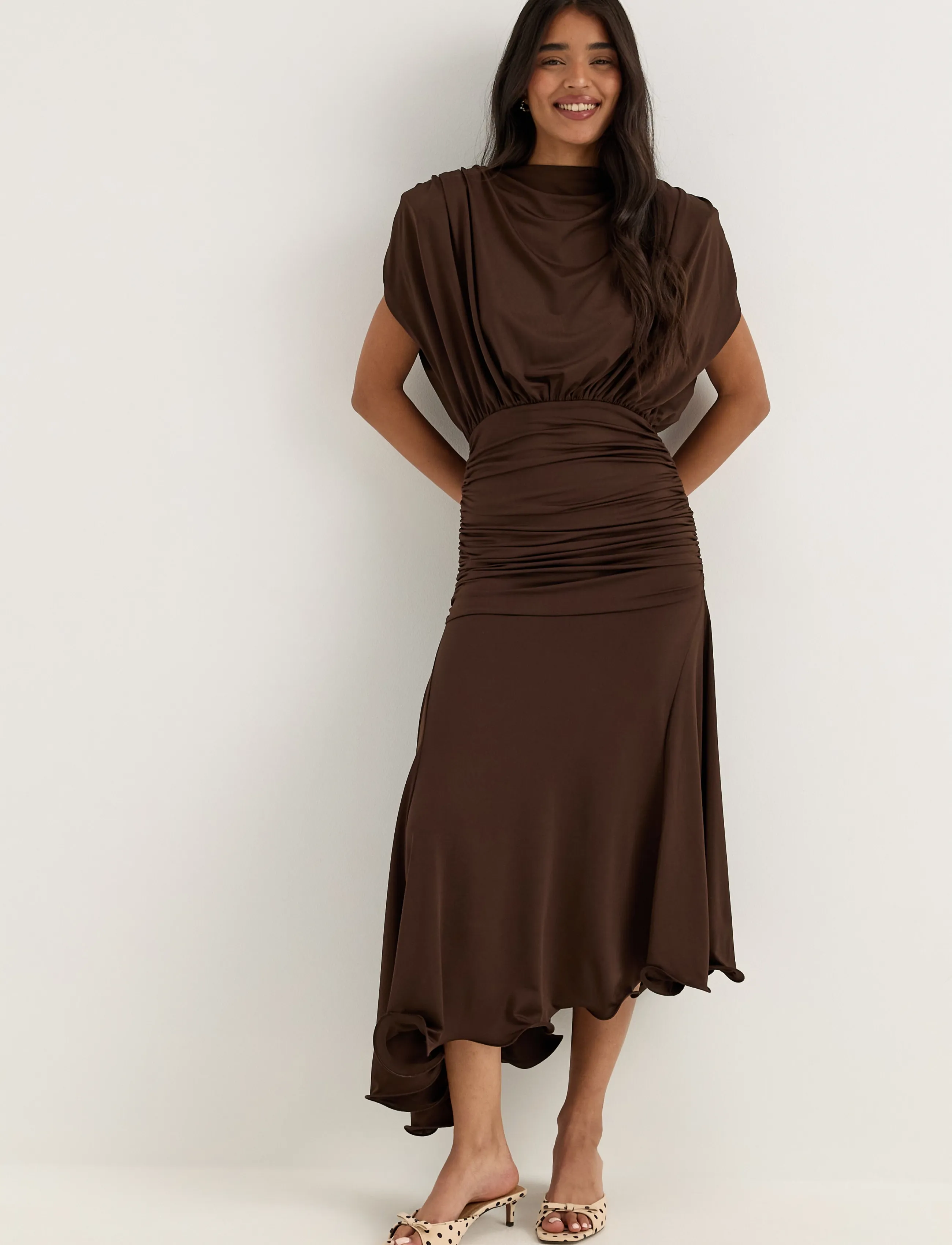 Bubbleroom Asymmetric Flounce Soft Dress - Mode trends - DARK BROWN / brown