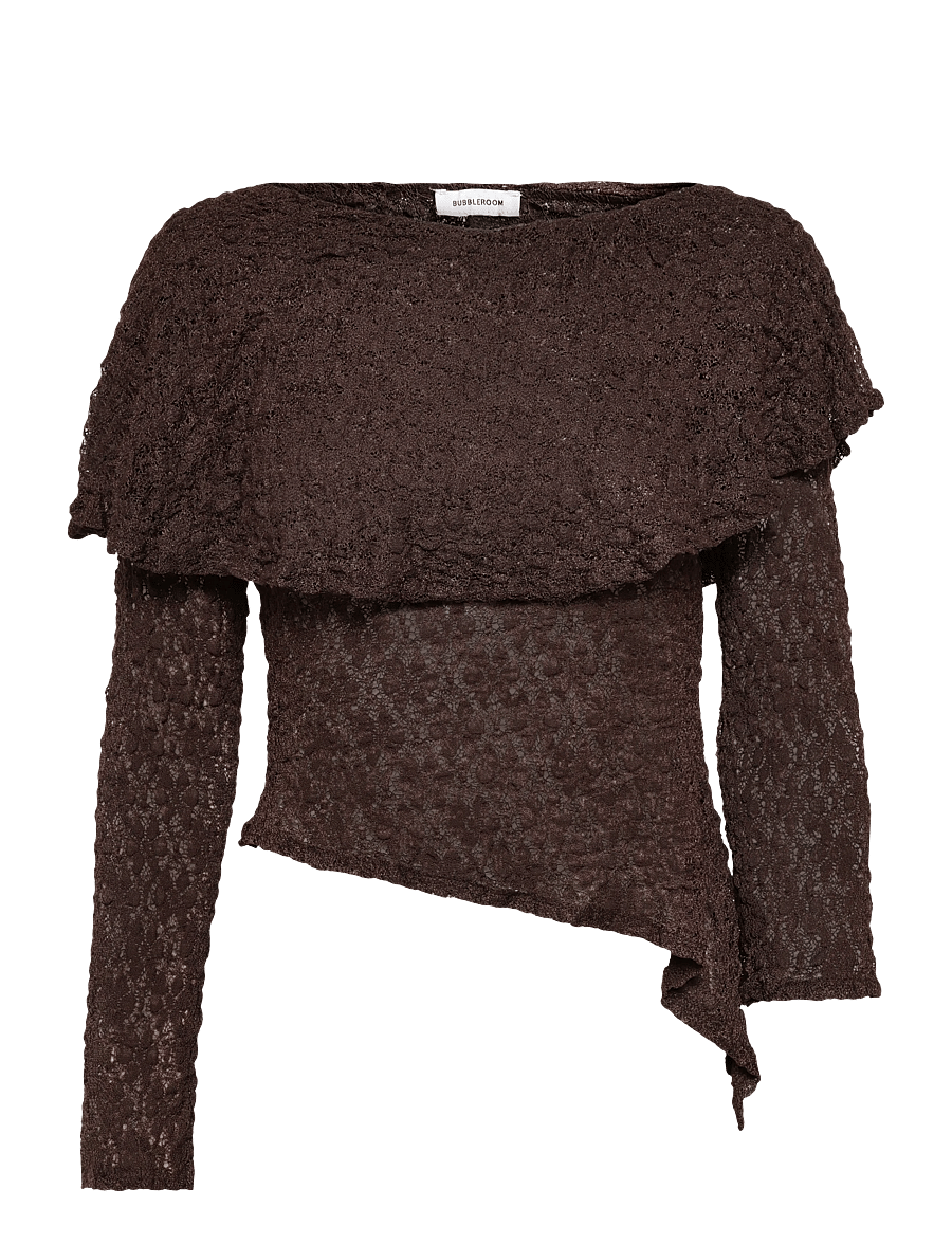 Bubbleroom - Saga Asymmetric Lace Top - langærmede toppe - dark brown - 1