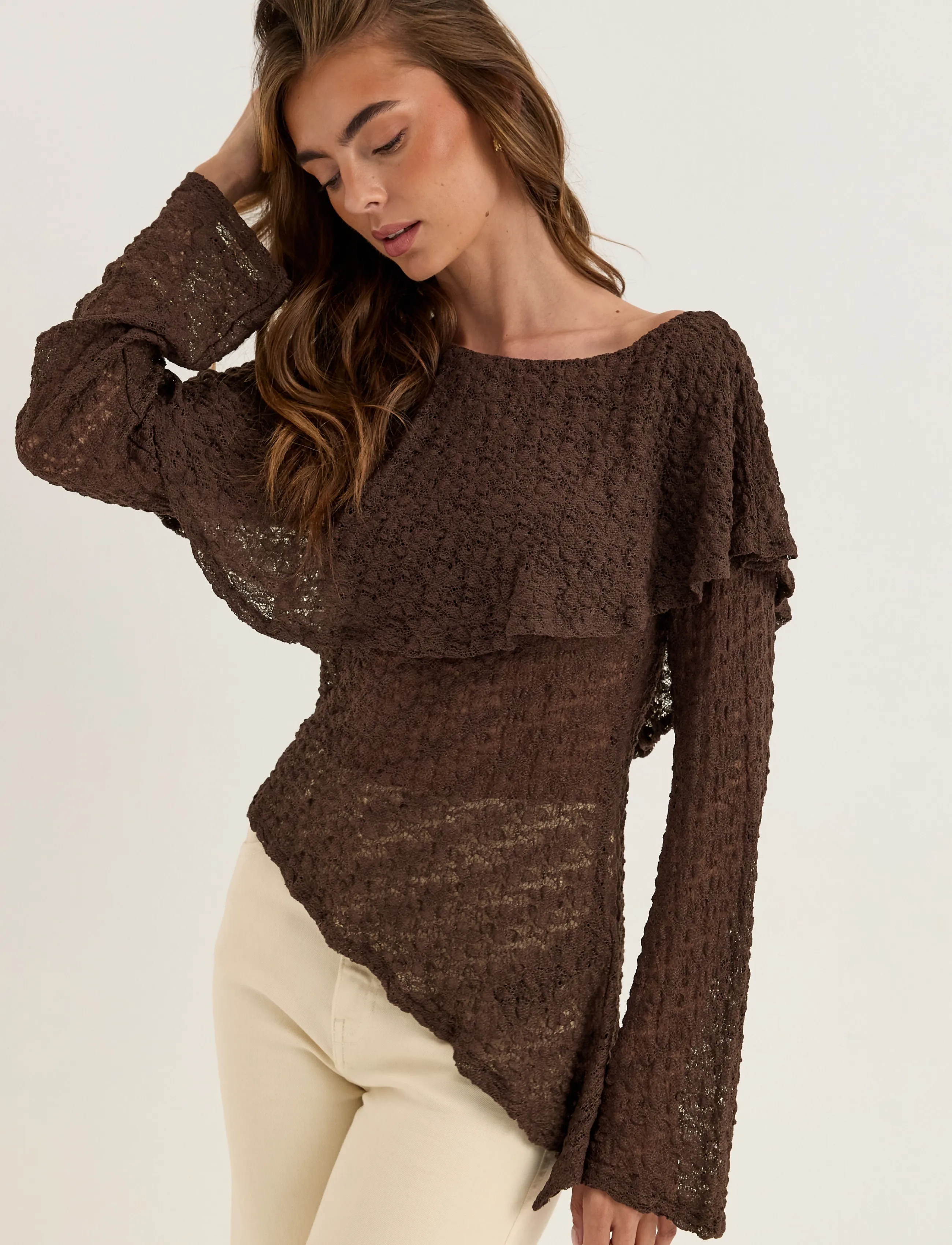 Bubbleroom - Saga Asymmetric Lace Top - langærmede toppe - dark brown - 0