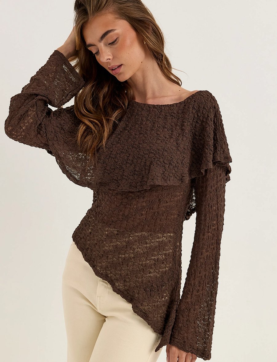 Bubbleroom - Saga Asymmetric Lace Top - langærmede toppe - dark brown - 0