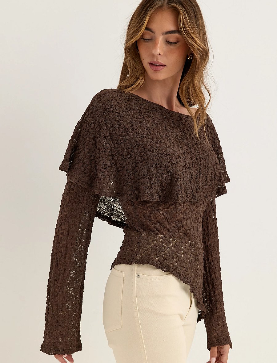 Bubbleroom - Saga Asymmetric Lace Top - langærmede toppe - dark brown - 3