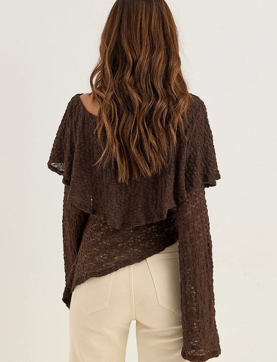 Bubbleroom - Saga Asymmetric Lace Top - langærmede toppe - dark brown - 4