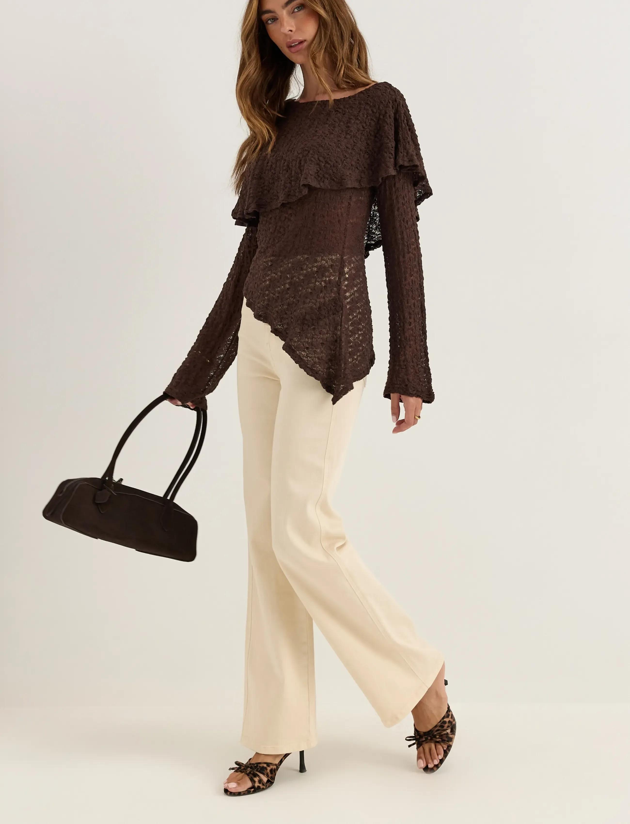Bubbleroom - Saga Asymmetric Lace Top - langærmede toppe - dark brown - 5