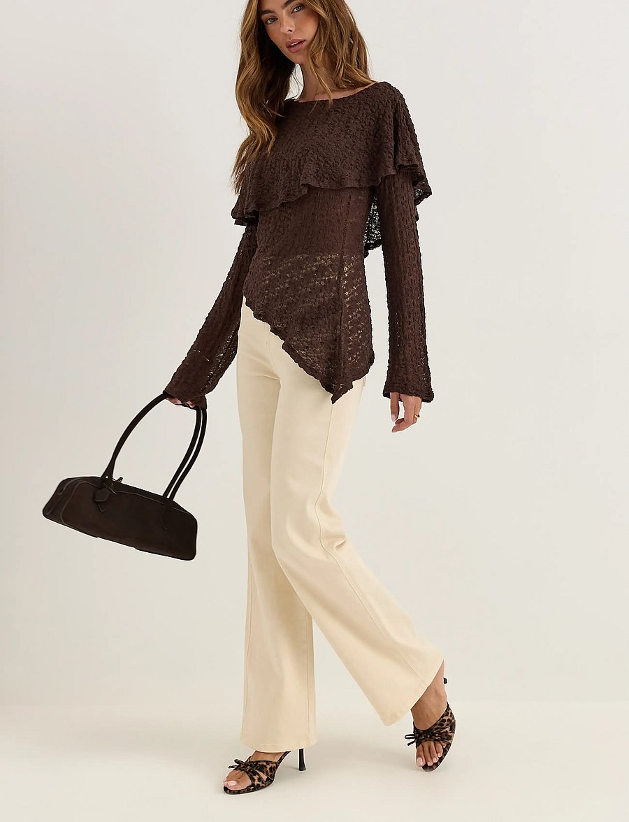 Bubbleroom - Saga Asymmetric Lace Top - langærmede toppe - dark brown - 5