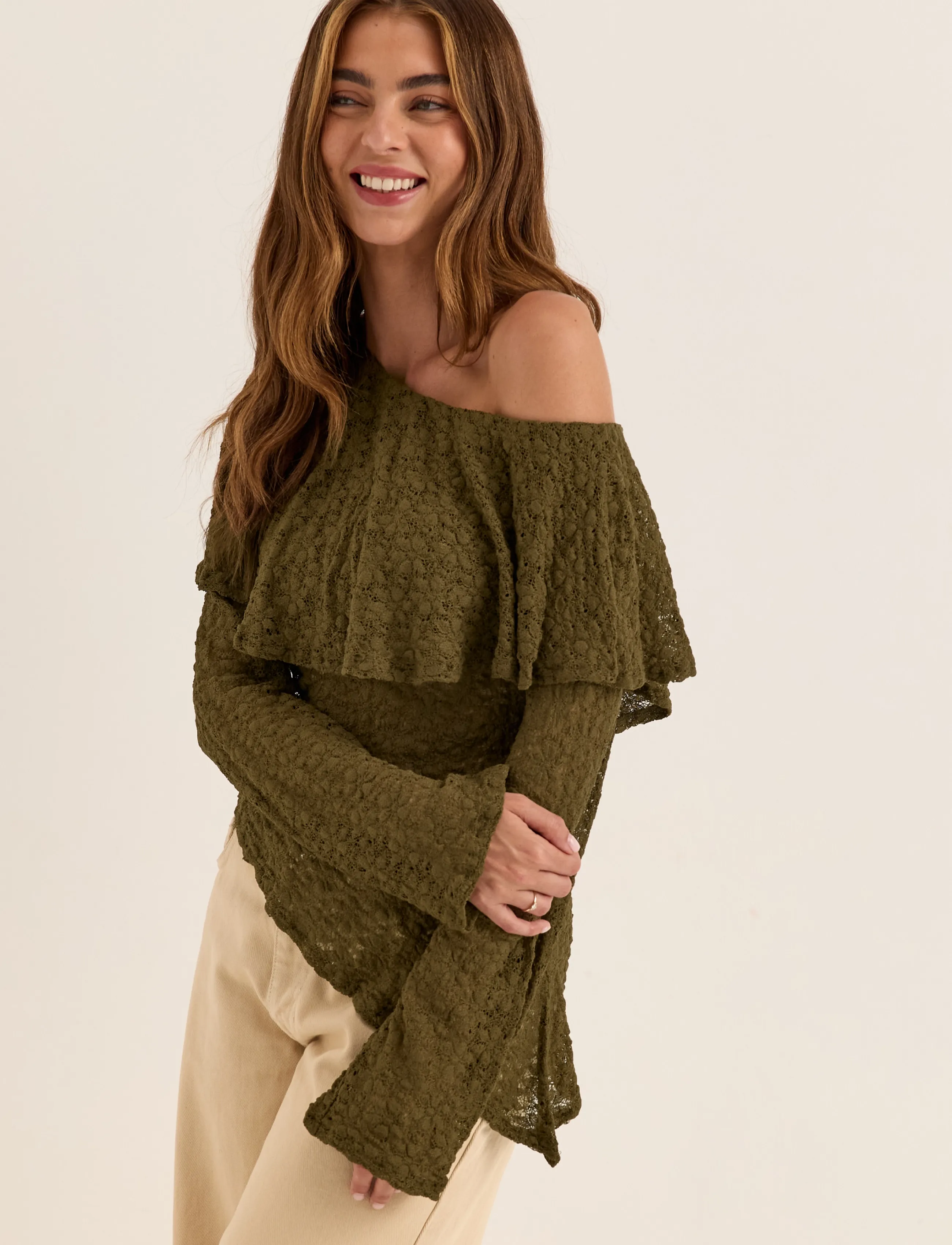 Bubbleroom Saga Asymmetric Lace Top - T-shirts & Tops - OLIVE GREEN / khaki/green