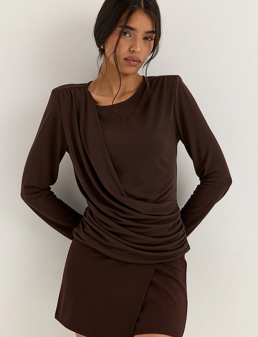 Bubbleroom - Drapy Top - pikkade varrukatega topid - dark brown - 0