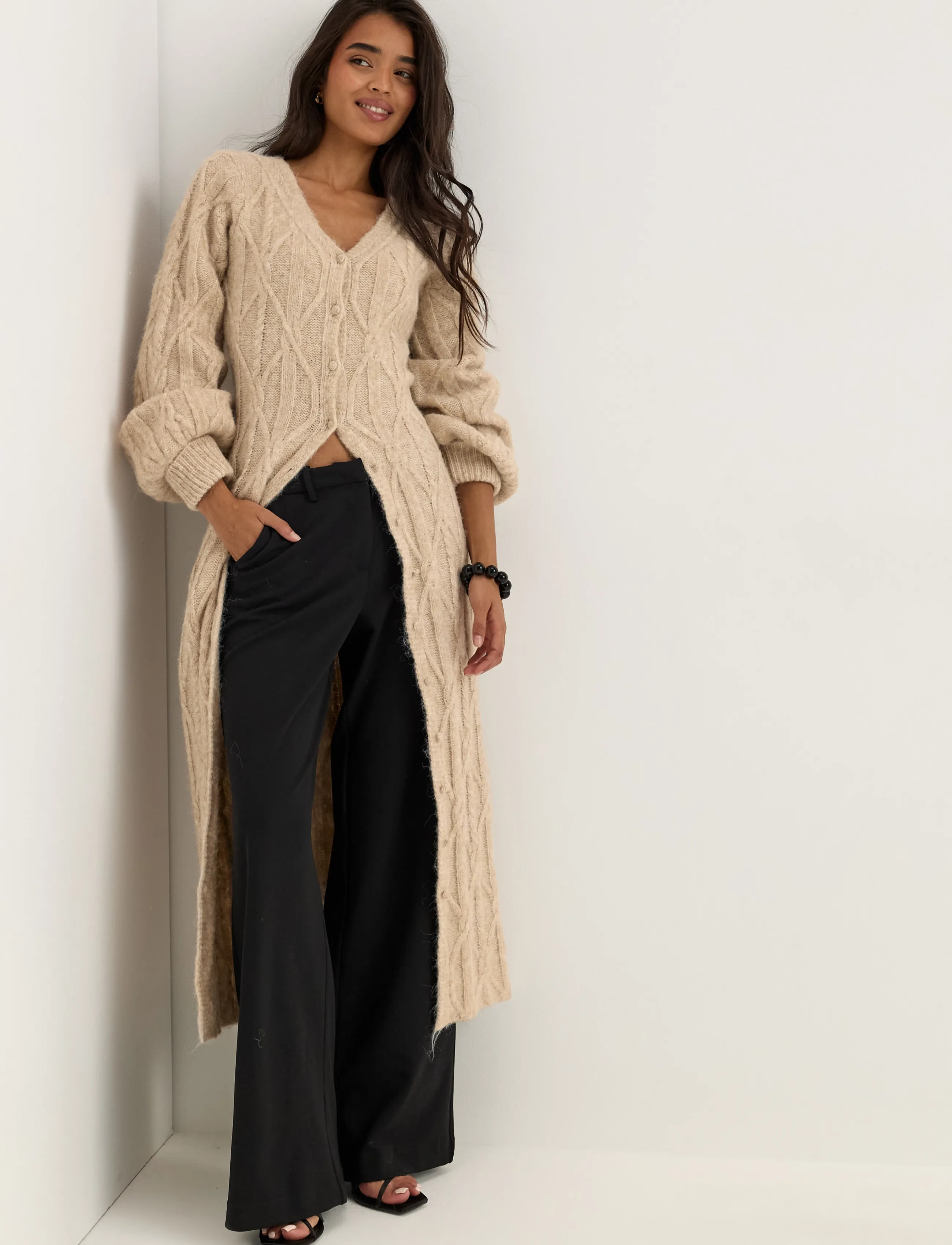 Bubbleroom Cable Knitted Volume Sleeve Cardigan Dress - Noor - BEIGE MELANGE / beige