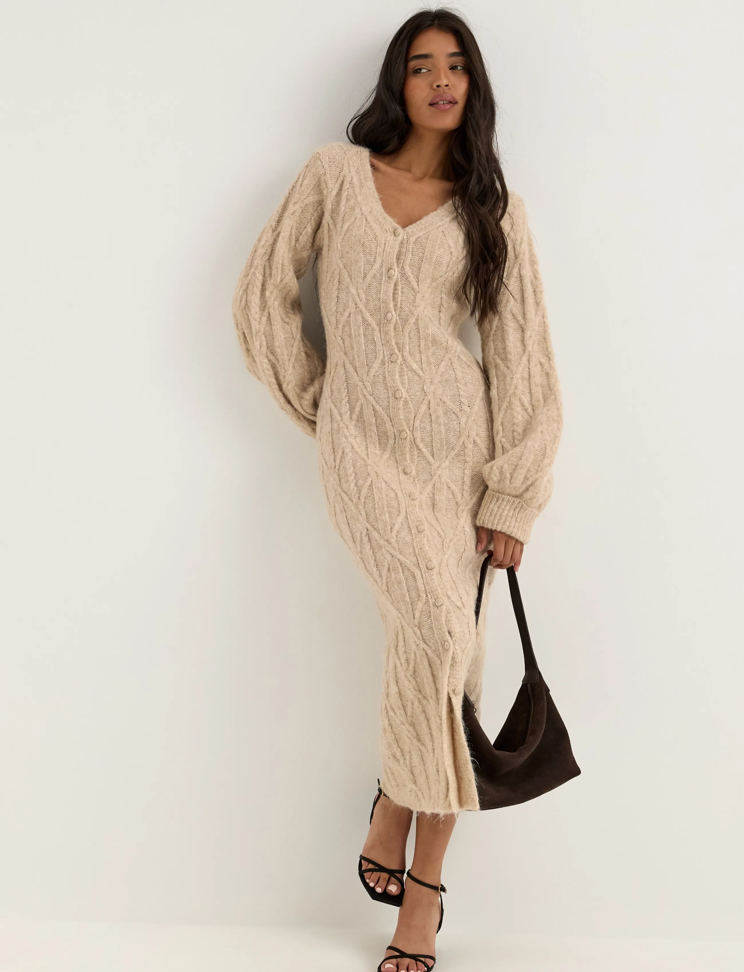 Bubbleroom - Cable Knitted Volume Sleeve Cardigan Dress - liibuvad kleidid - beige melange - 3