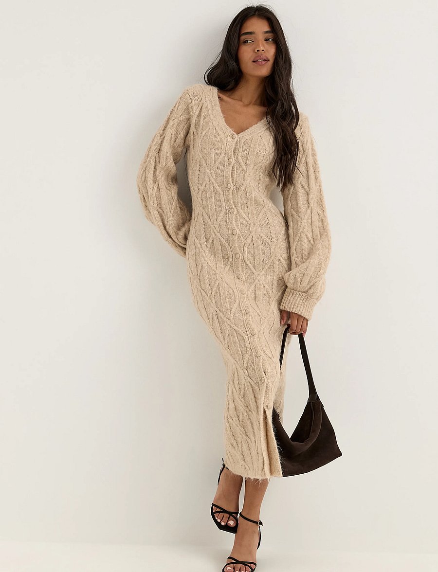 Bubbleroom - Cable Knitted Volume Sleeve Cardigan Dress - liibuvad kleidid - beige melange - 3