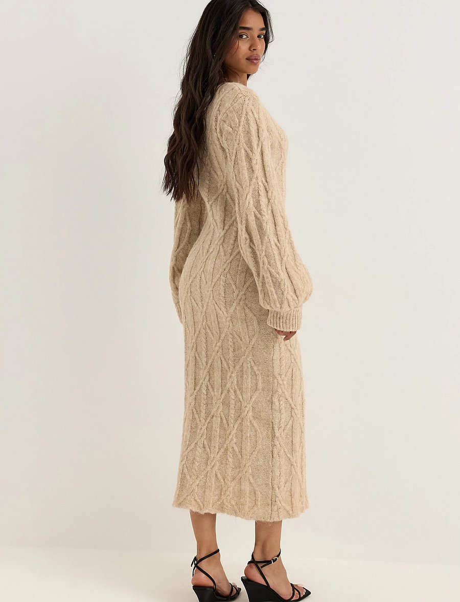 Bubbleroom - Cable Knitted Volume Sleeve Cardigan Dress - liibuvad kleidid - beige melange - 4