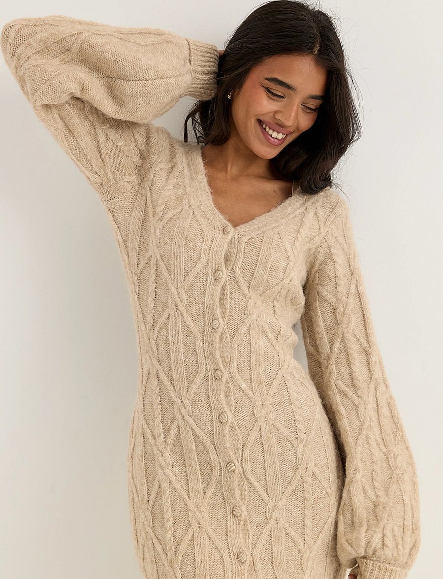 Bubbleroom - Cable Knitted Volume Sleeve Cardigan Dress - liibuvad kleidid - beige melange - 5