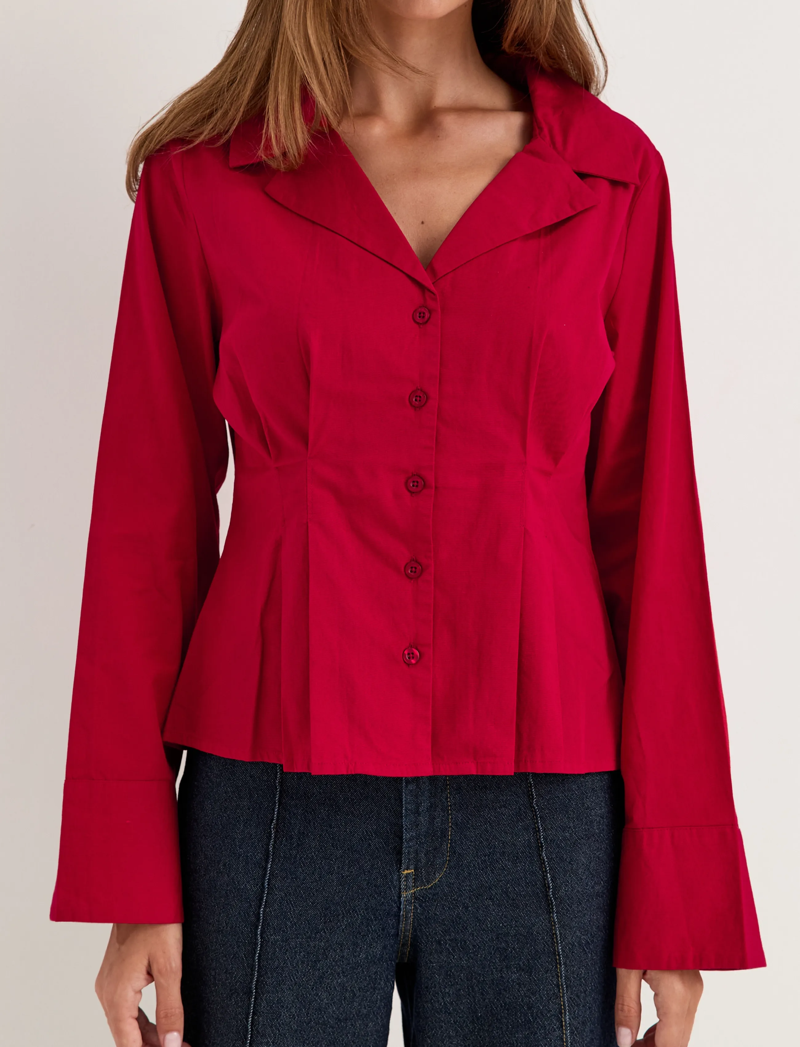 Bubbleroom - Shaped Cotton Shirt - langærmede skjorter - red - 5