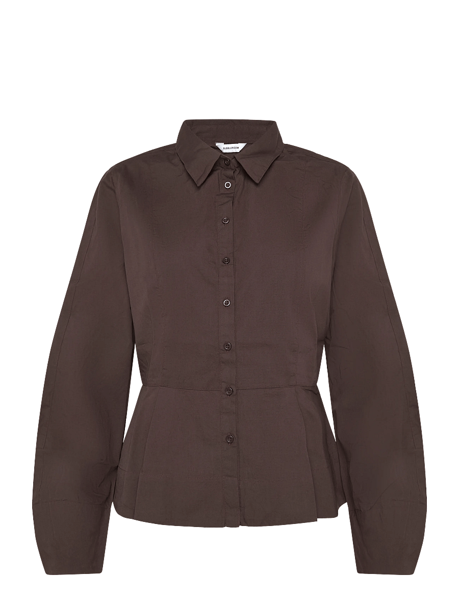 Bubbleroom - Peplum Cotton Shirt - pikkade varrukatega särgid - dark brown - 1