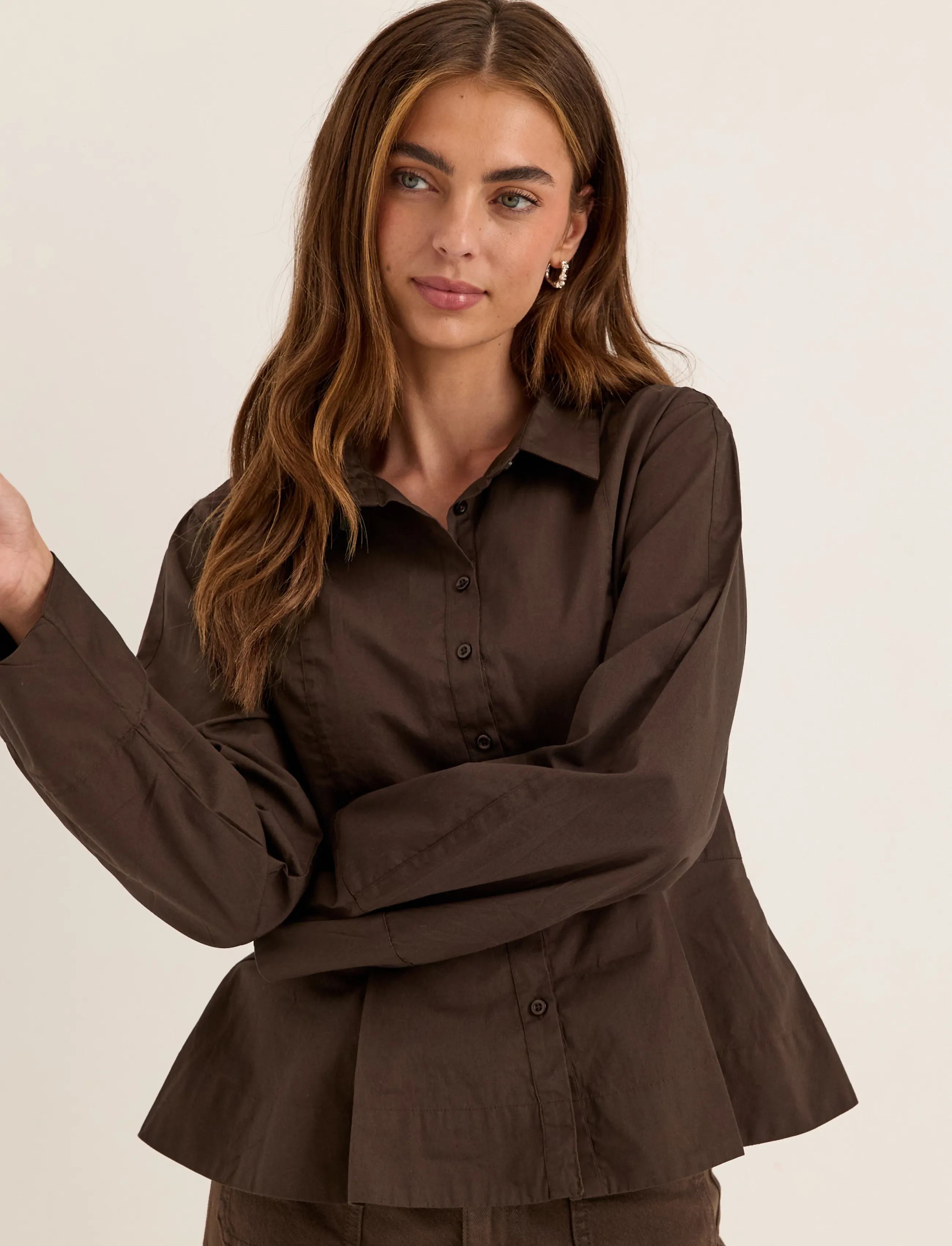 Bubbleroom - Peplum Cotton Shirt - dark brown - 0