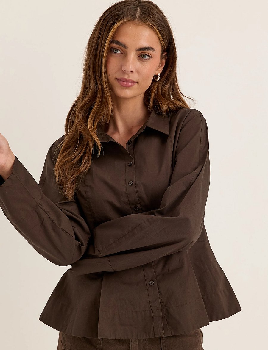 Bubbleroom - Peplum Cotton Shirt - pikkade varrukatega särgid - dark brown - 0