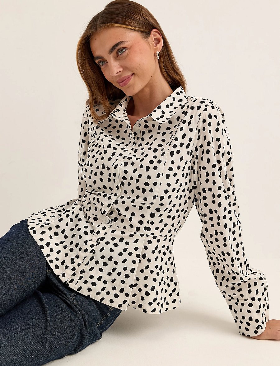 Bubbleroom - Peplum Cotton Shirt - langärmlige hemden - offwhite/patterned - 0