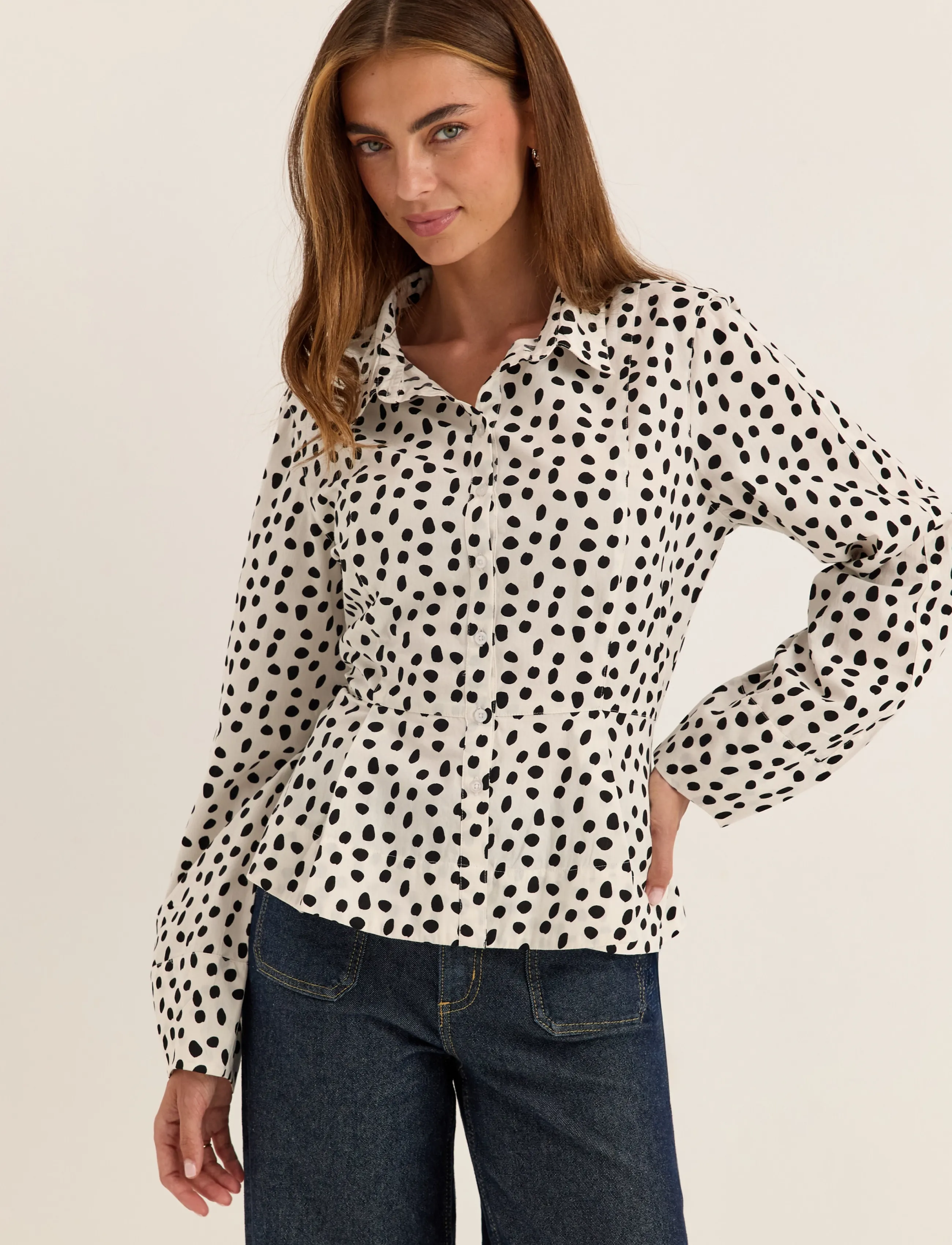 Bubbleroom - Peplum Cotton Shirt - langärmlige hemden - offwhite/patterned - 3