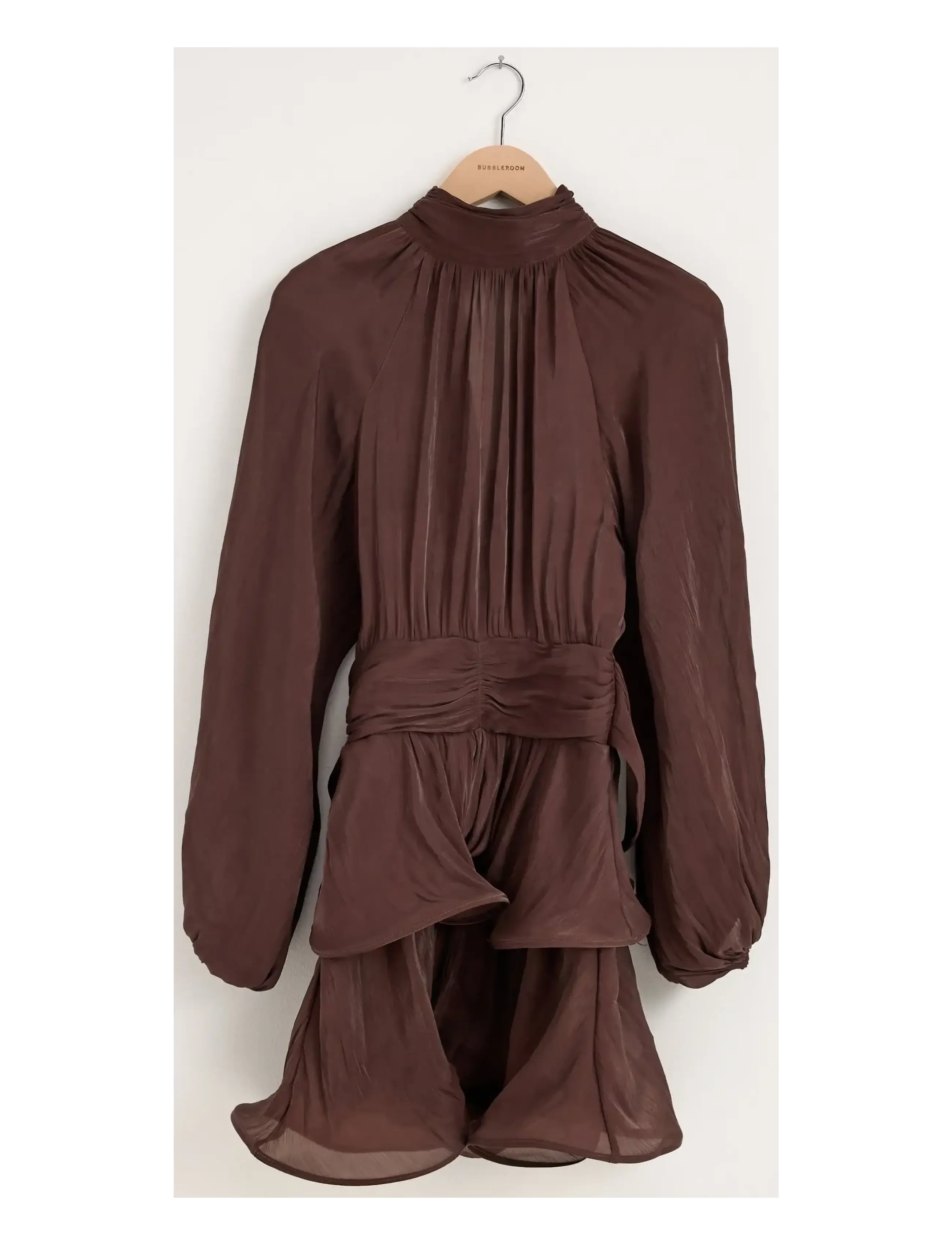 Bubbleroom - Balloon Sleeve Short Flounce Dress - dark brown - 1