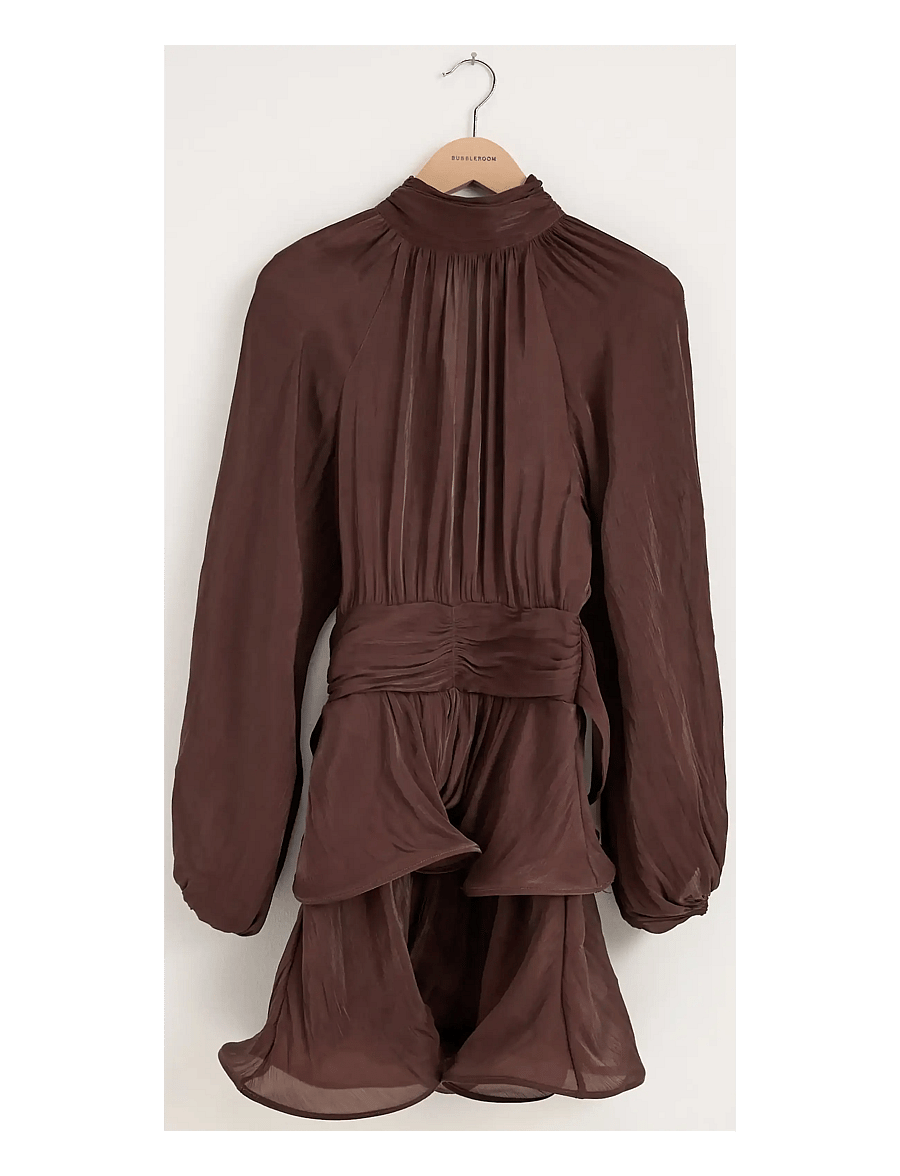 Bubbleroom - Balloon Sleeve Short Flounce Dress - kurze kleider - dark brown - 1