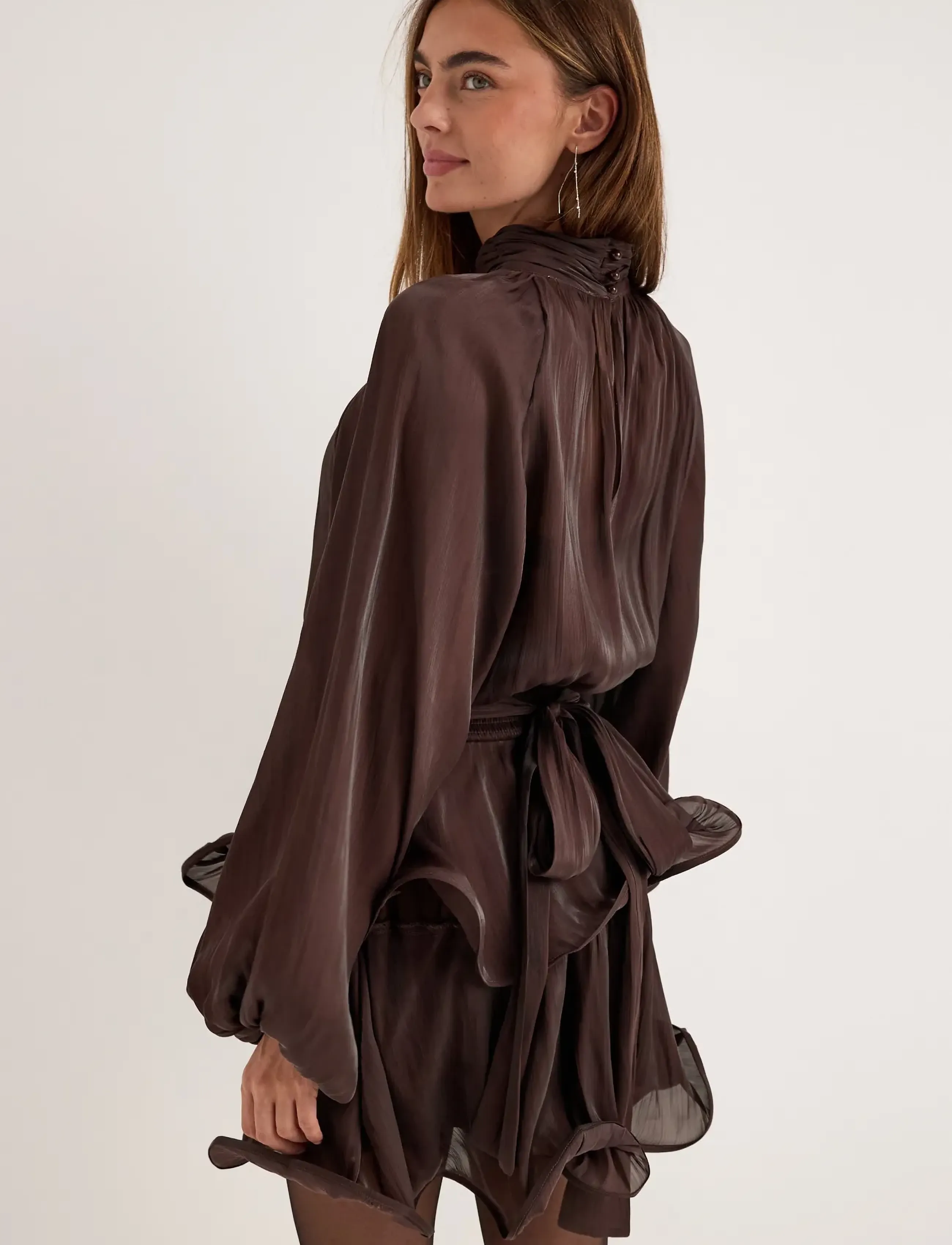 Bubbleroom - Balloon Sleeve Short Flounce Dress - dark brown - 2